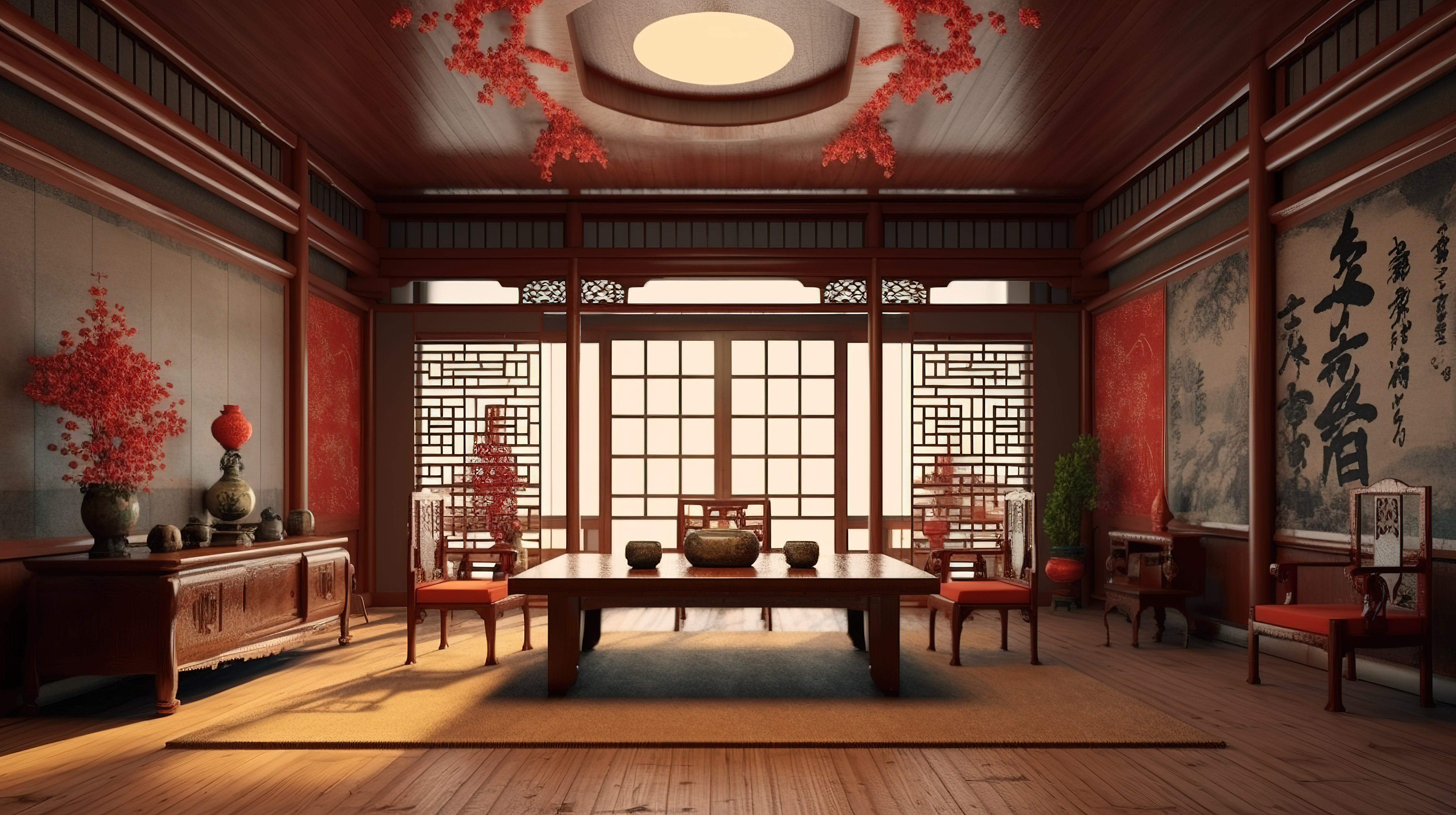 中国风格室内设计的 3D 渲染图片