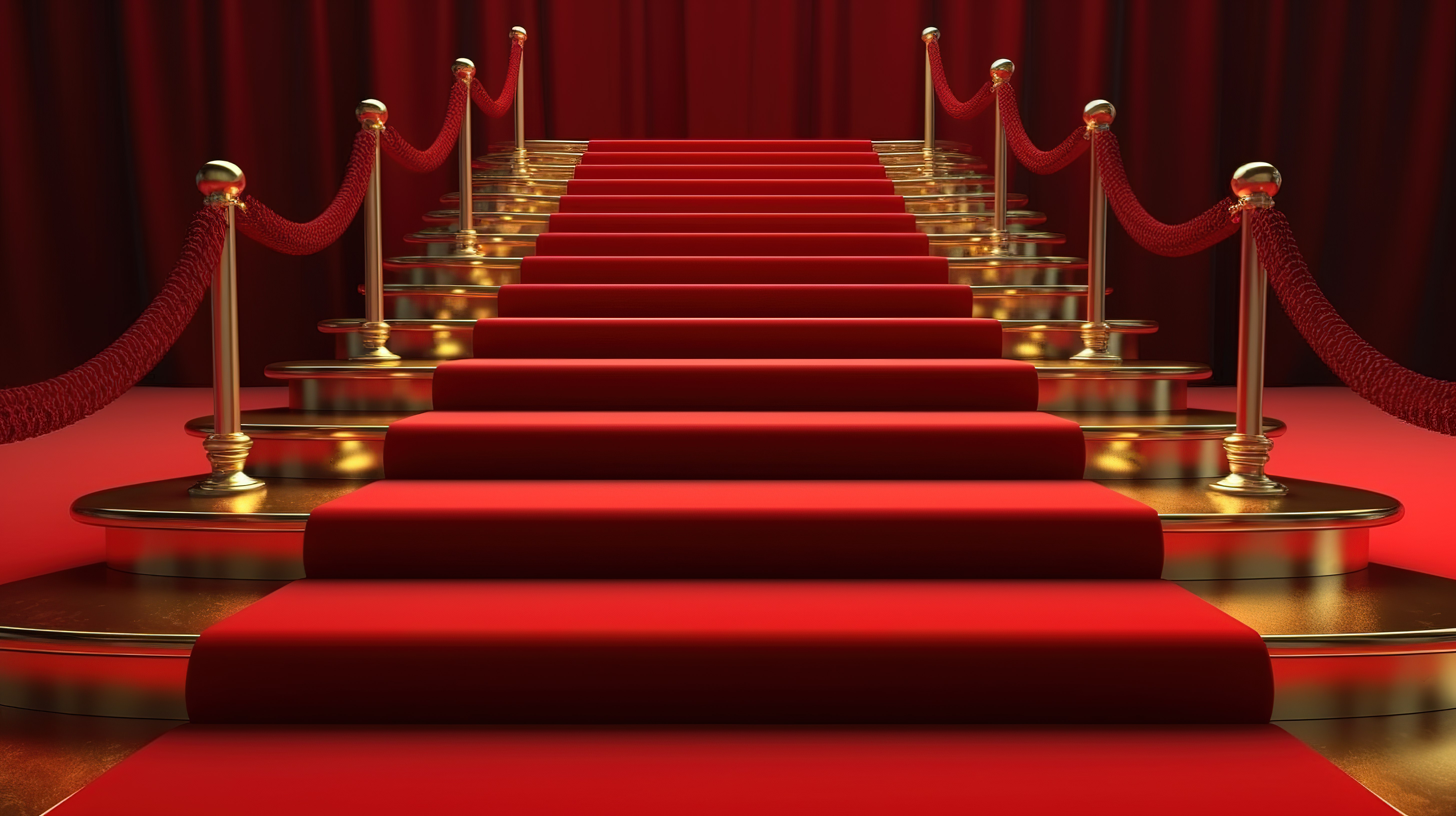 胜利的红地毯楼梯和金绳屏障是 3D 渲染成功的象征图片