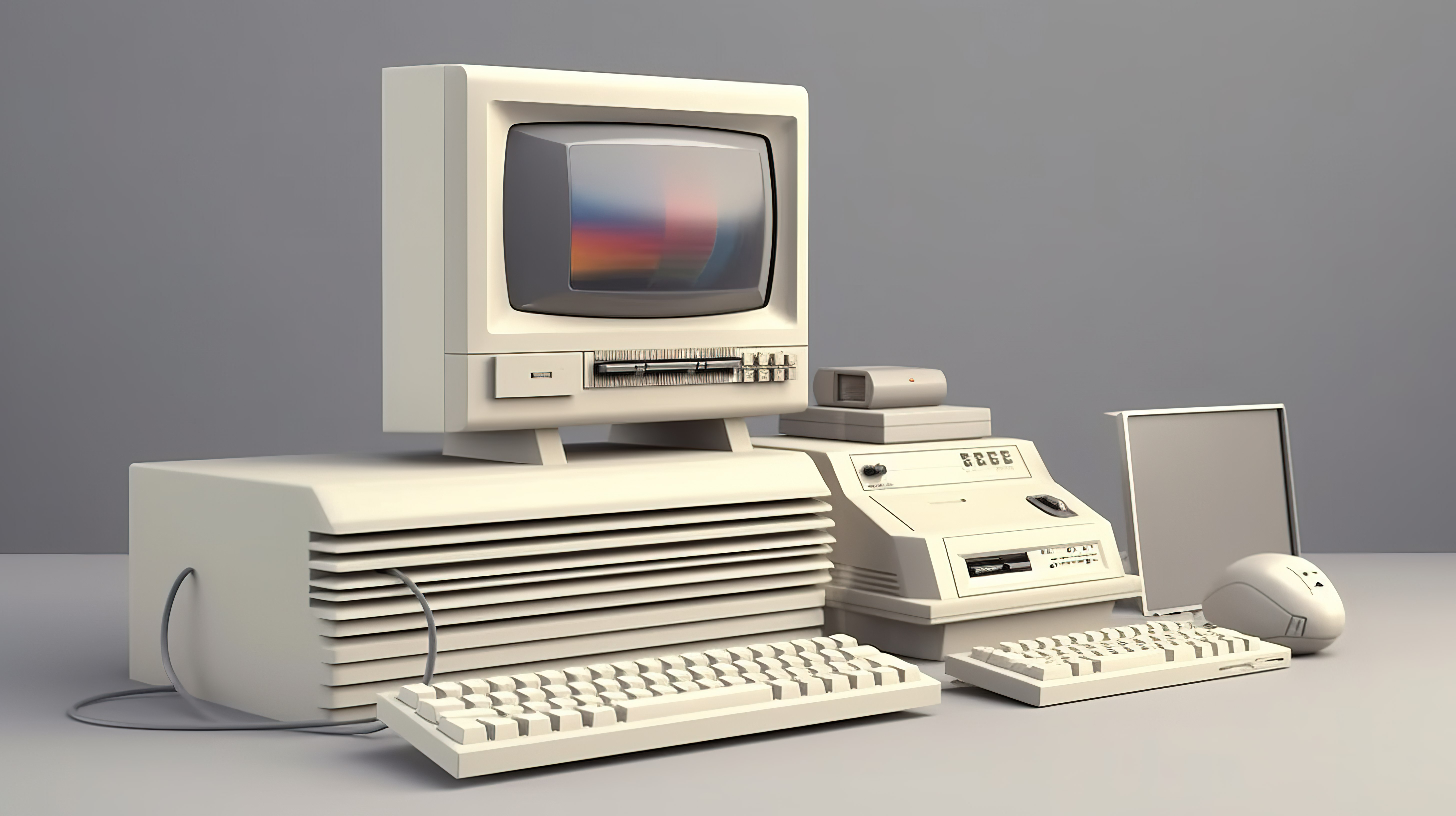 老式计算机设置白色背景，带有系统单元监视器键盘和鼠标的 3D 渲染图片