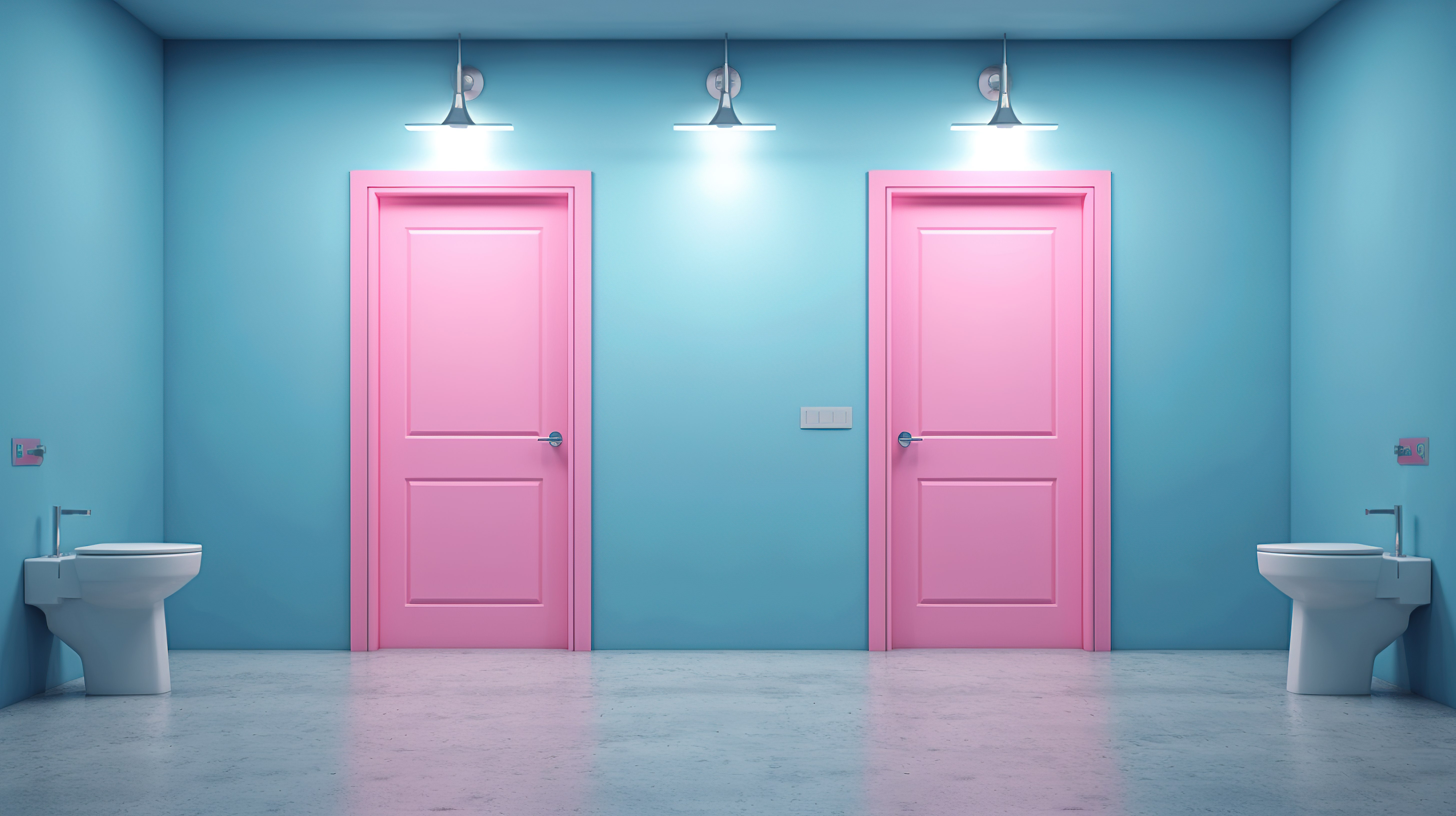 带粉色和蓝色木门的卫生间的 3D 渲染白色墙壁聚光灯白色石材地板和标志图片