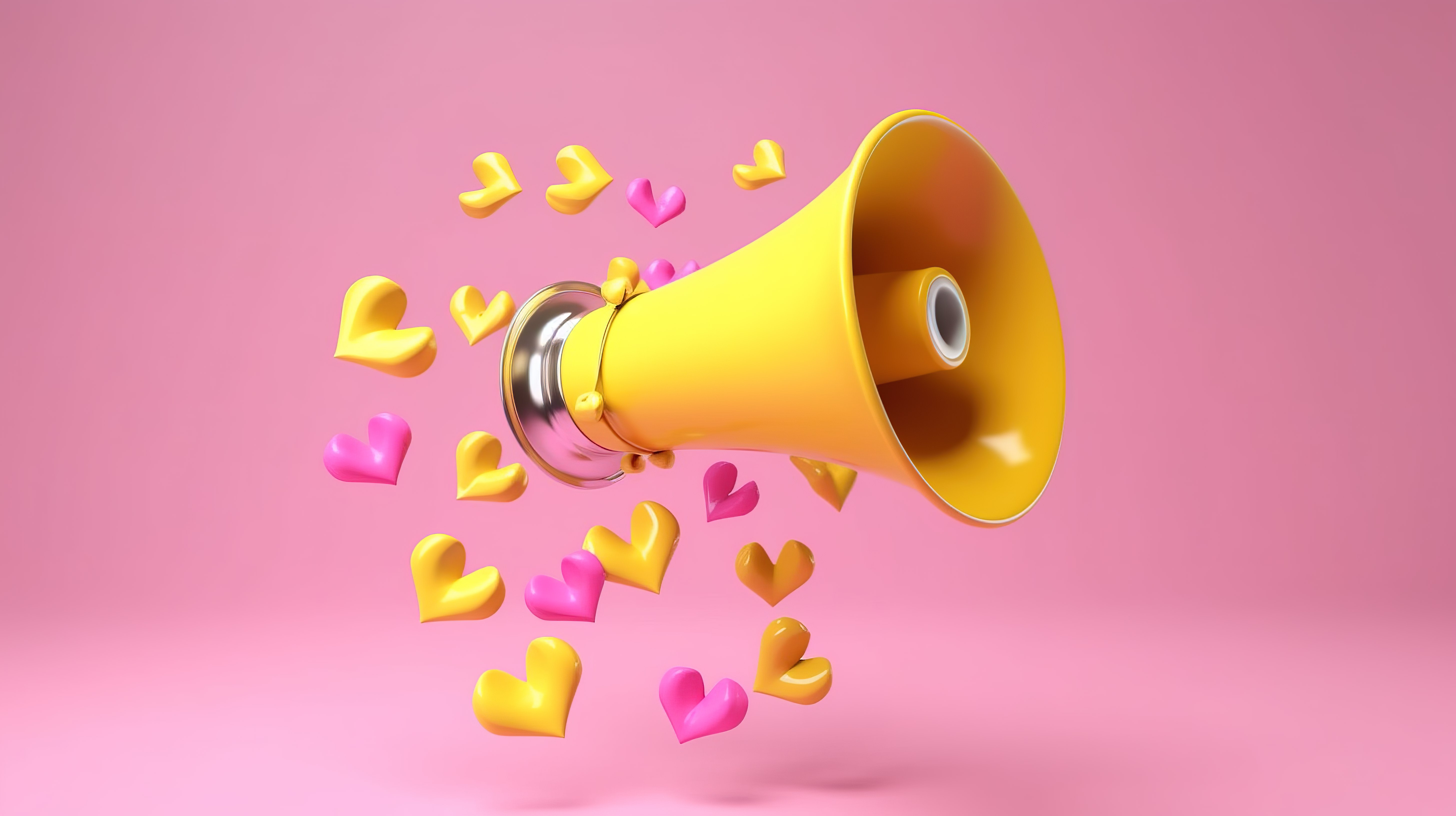 情人节或特别优惠 3D 渲染粉红色背景，带有黄色扩音器和心形螺旋桨图片