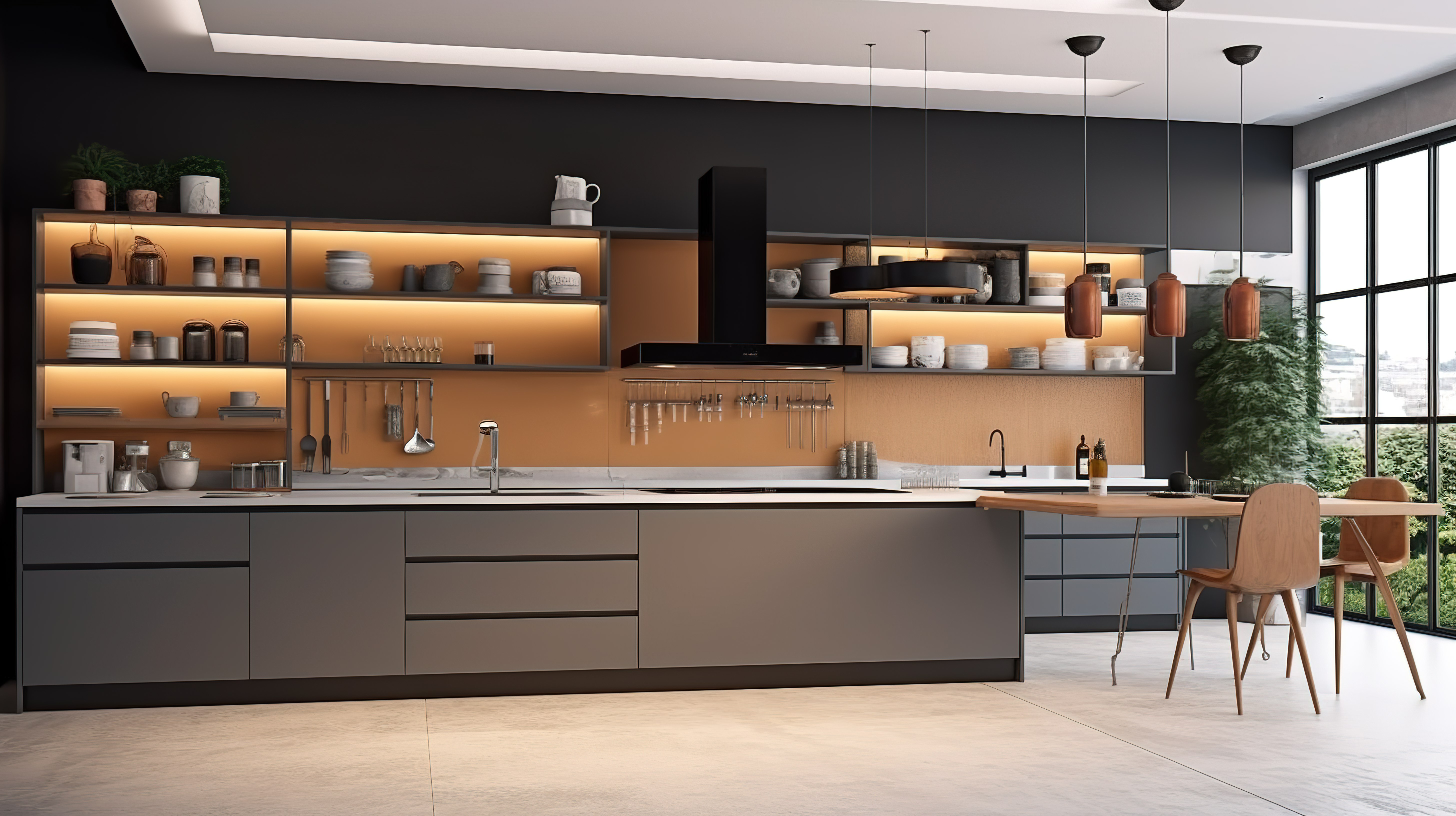 现代厨房内部配有技术先进的家具和电器，采用现代设计，以 3D 渲染图片