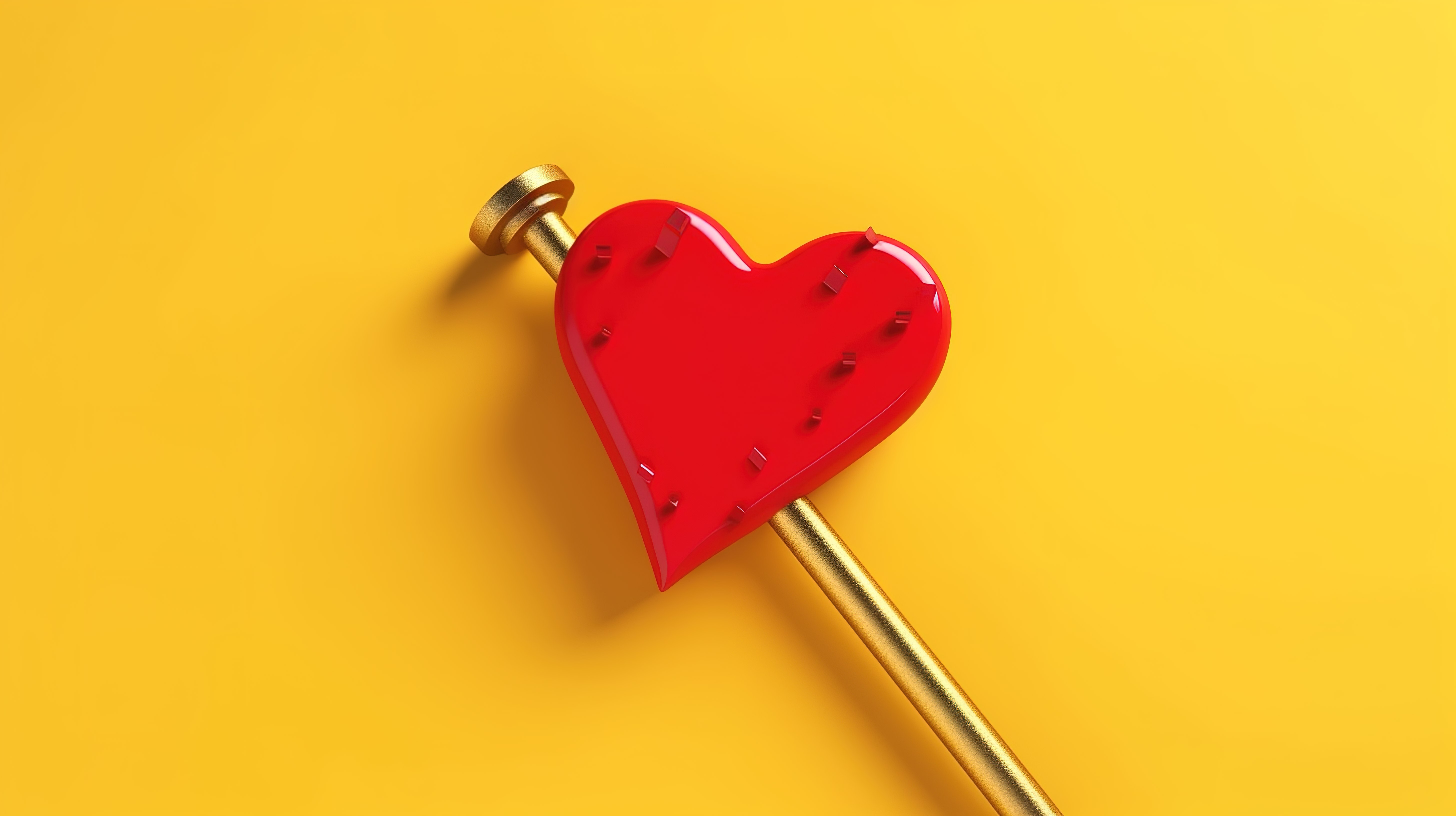 金色的锤子和钉子在极简主义的黄色背景下装饰着一颗浮动的红心，这是 3D 渲染中独特的情人节概念图片