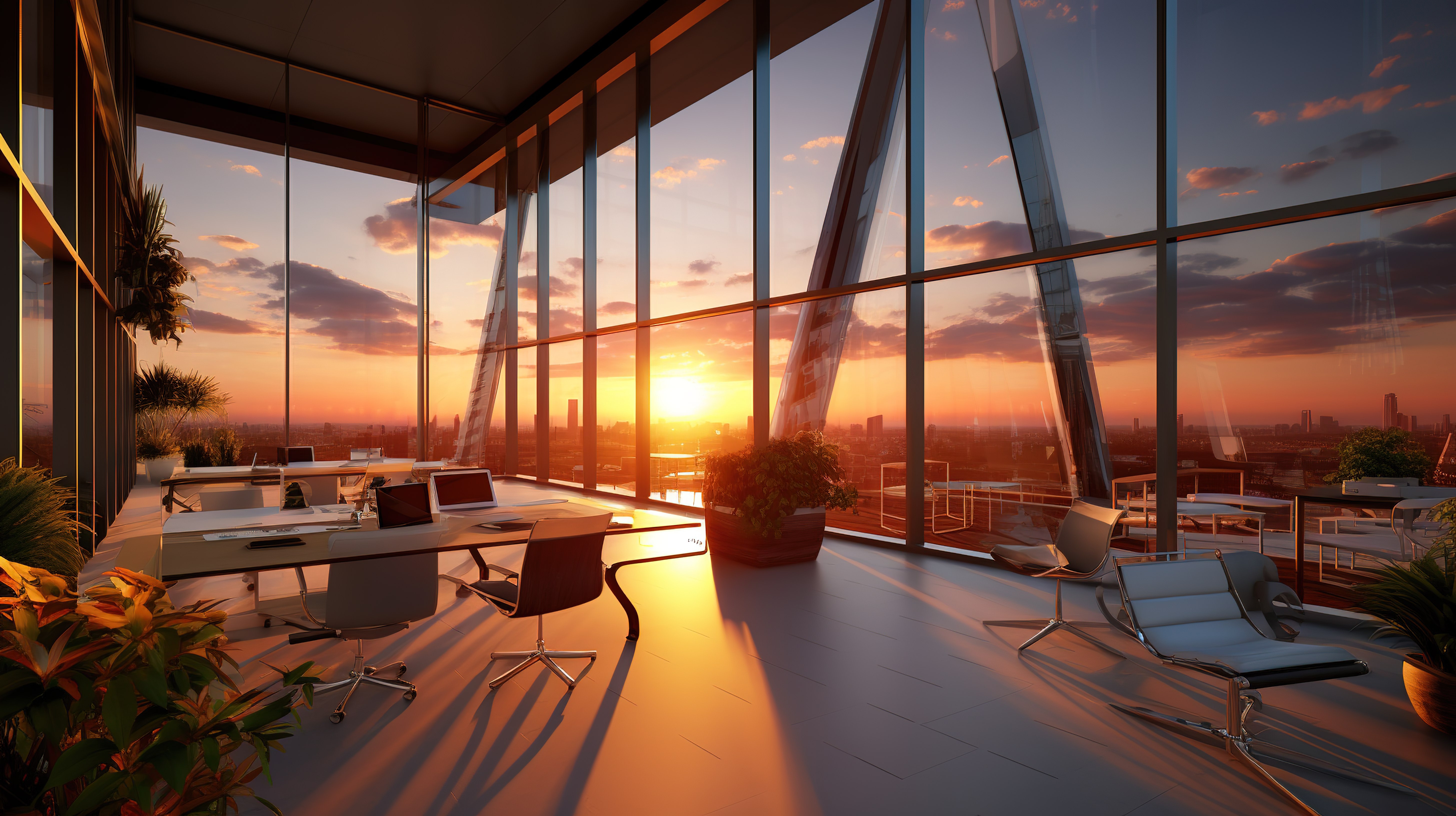 日落的天空 3d 渲染的办公建筑图片