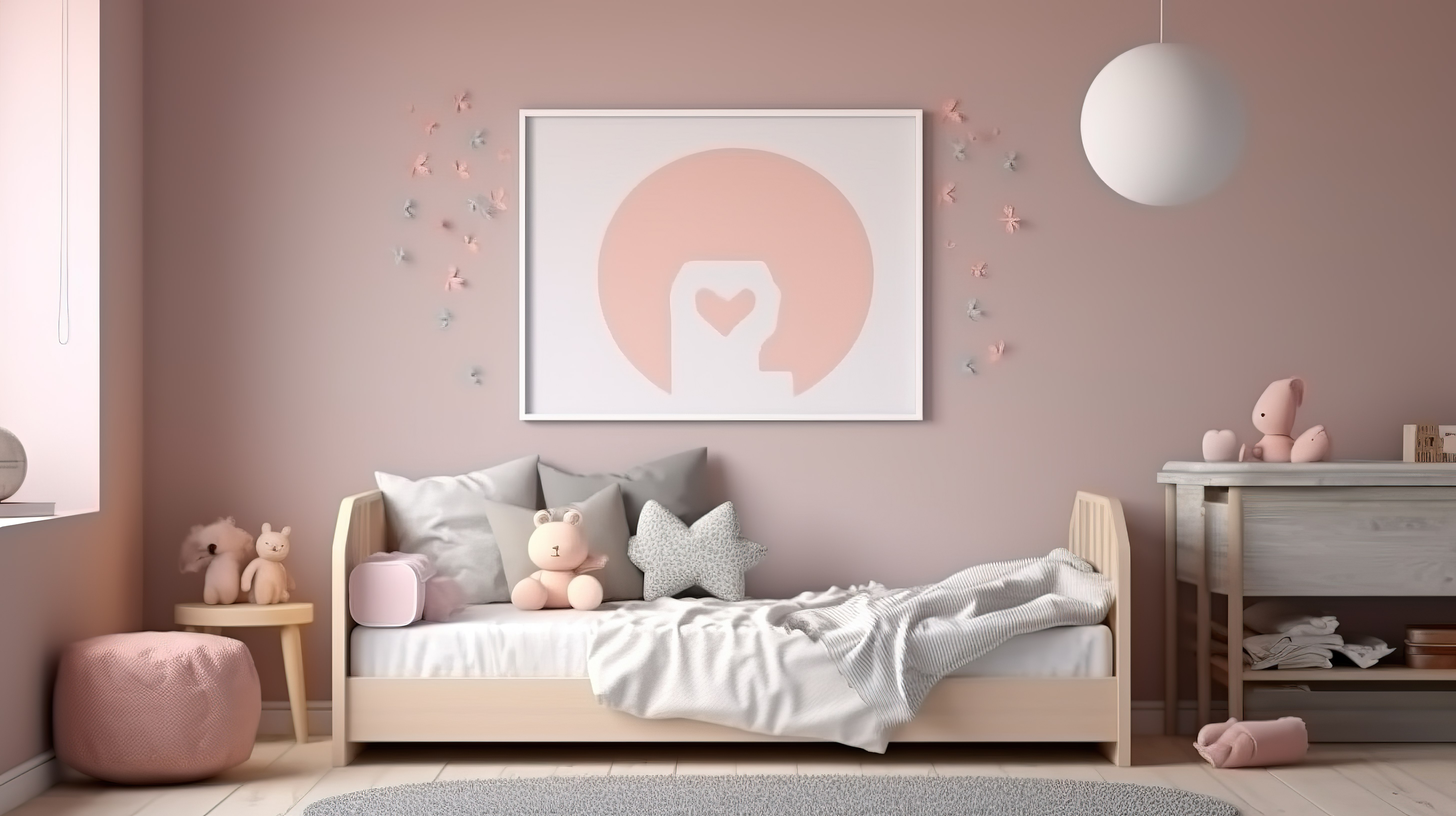 3D 渲染的儿童卧室，配有斯堪的纳维亚风格的内饰和模拟海报框架图片