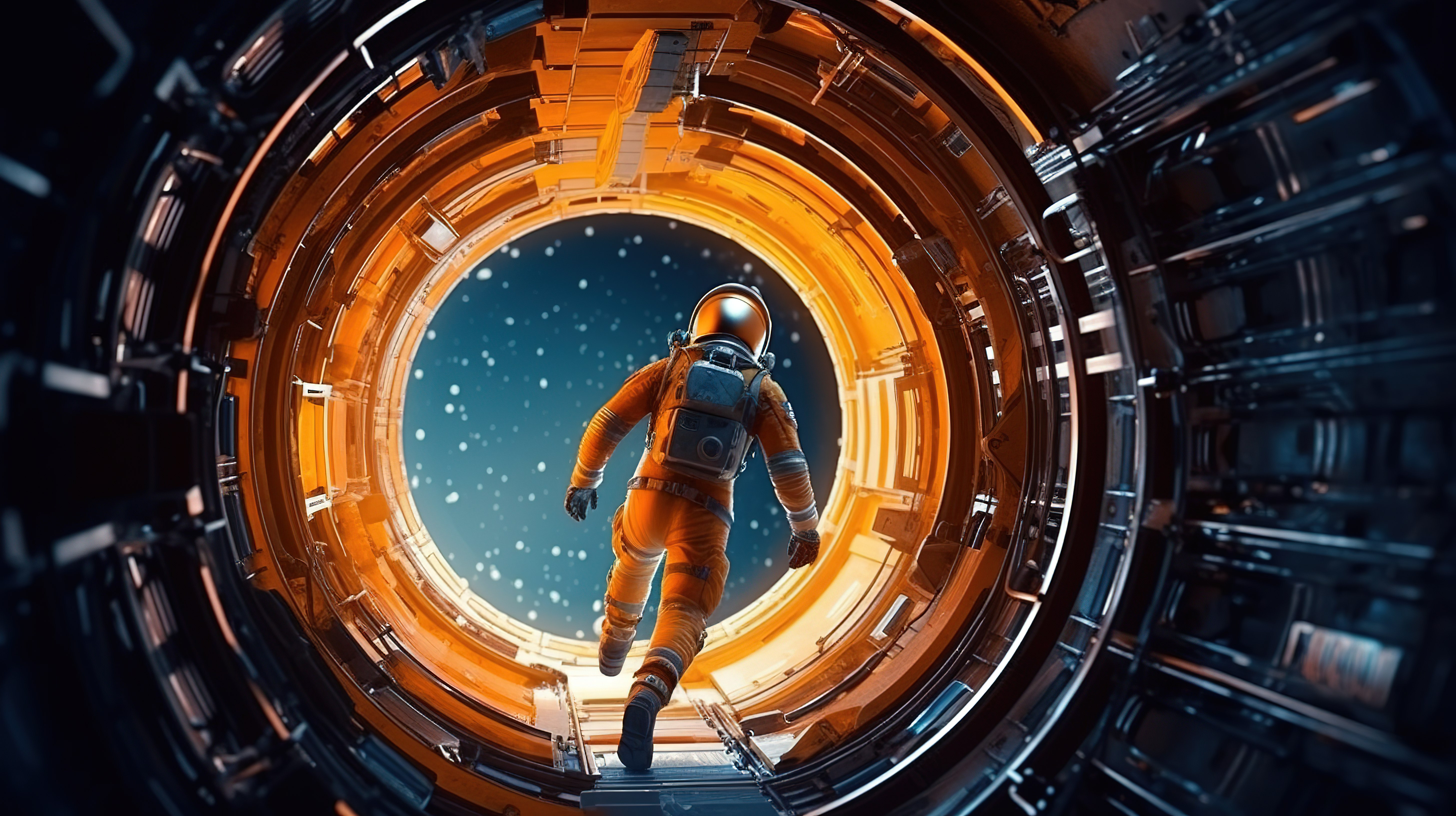 探索太空深处，太空旅行者冲过隧道到达新的隔间 3D 插图图片