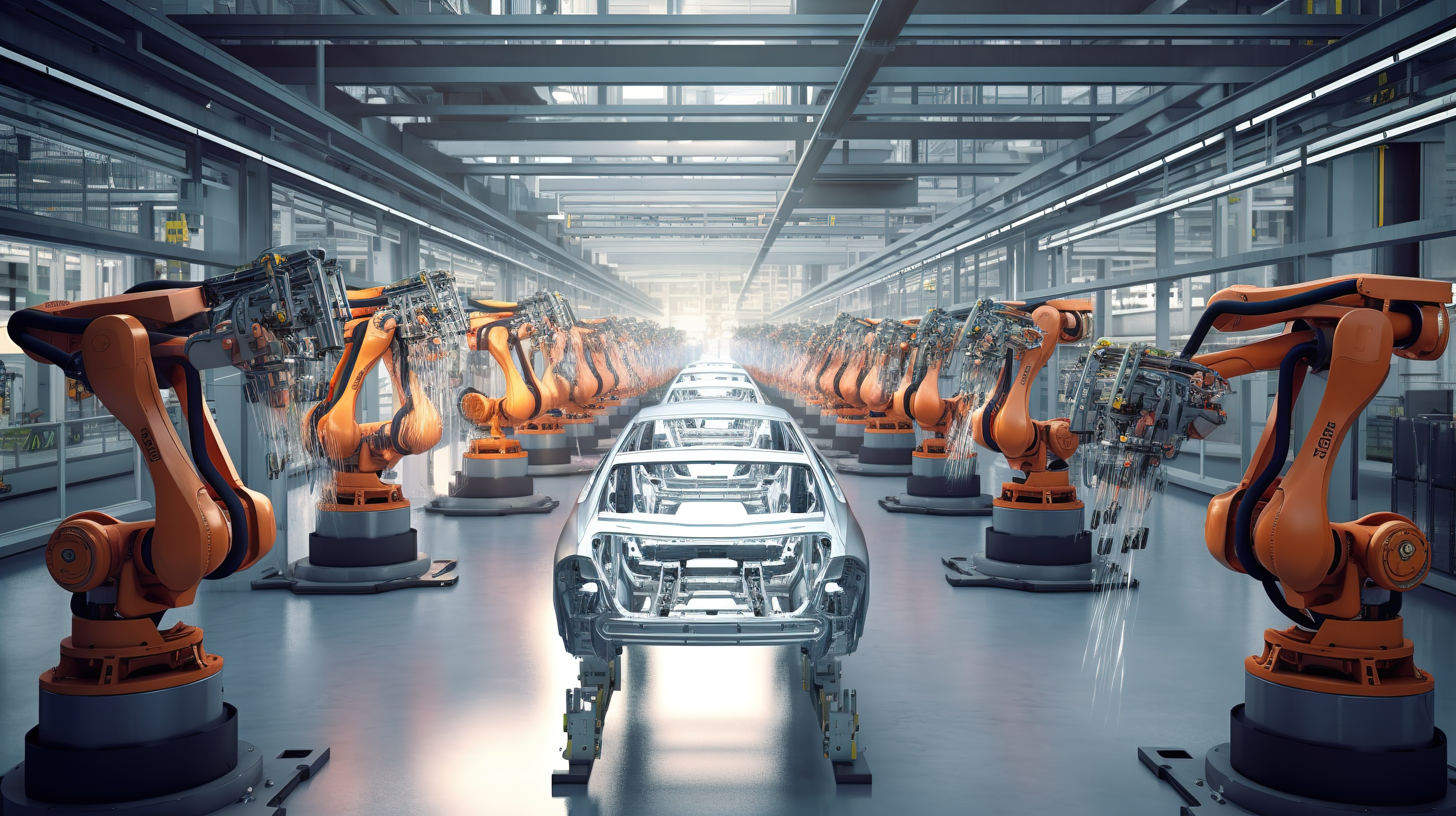 智能工厂场景机器人在汽车生产线上的 3D 展示图片
