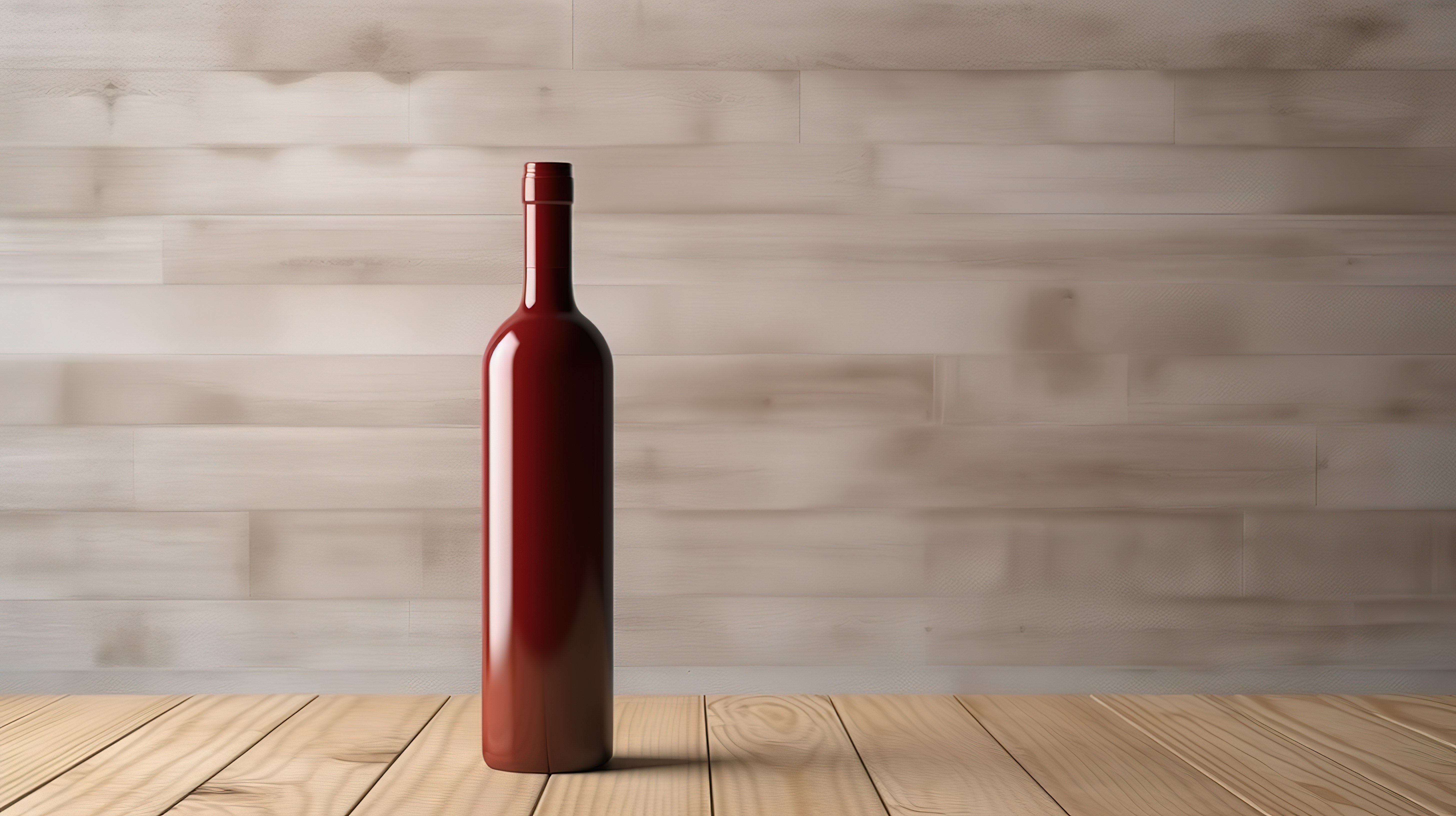空的红酒瓶，有足够的空间用于在 3d 渲染的木桌背景上进行定制设计图片