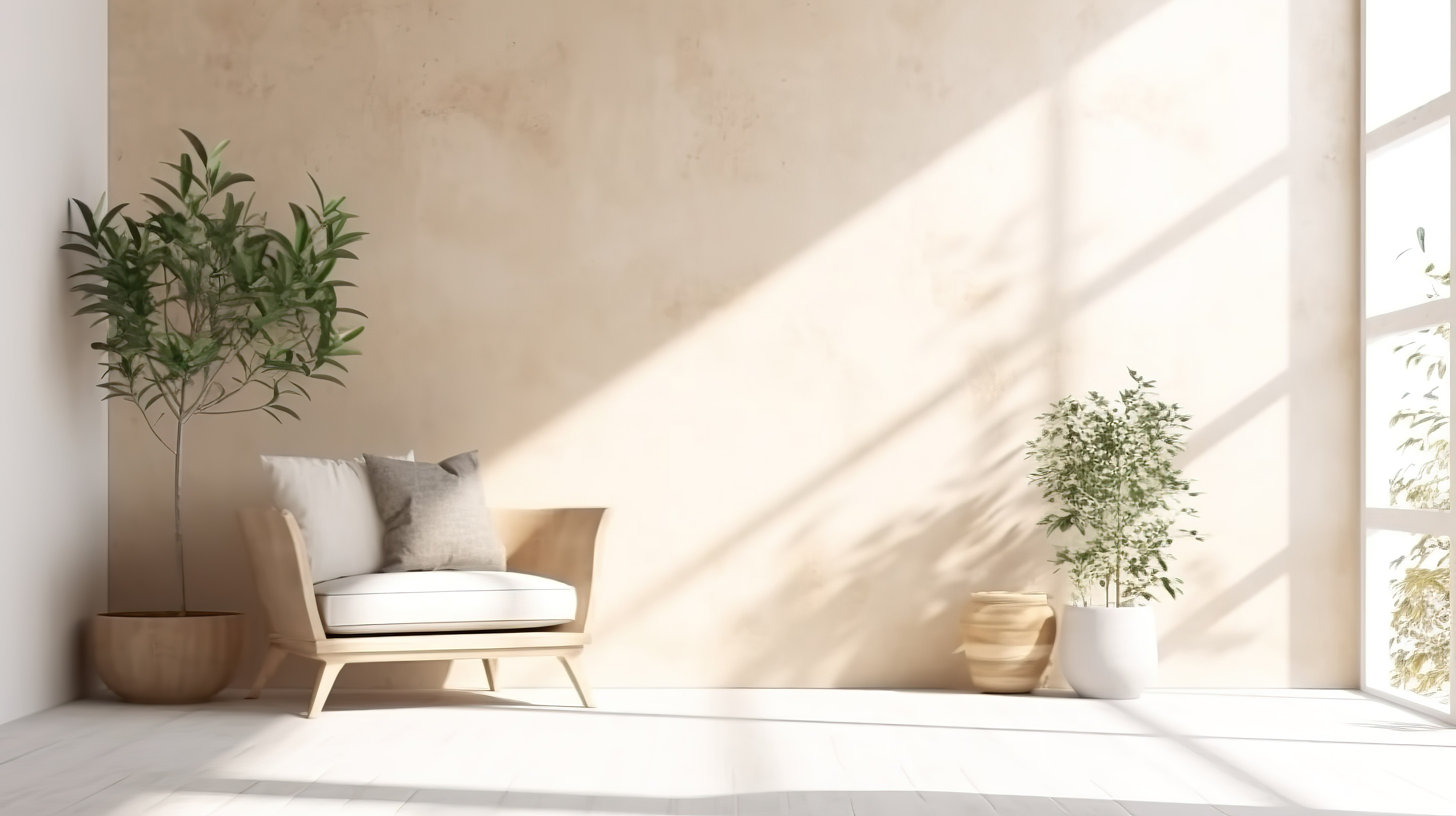 空墙波西米亚客厅模型，以 3D 渲染的扶手椅和橄榄树为特色图片