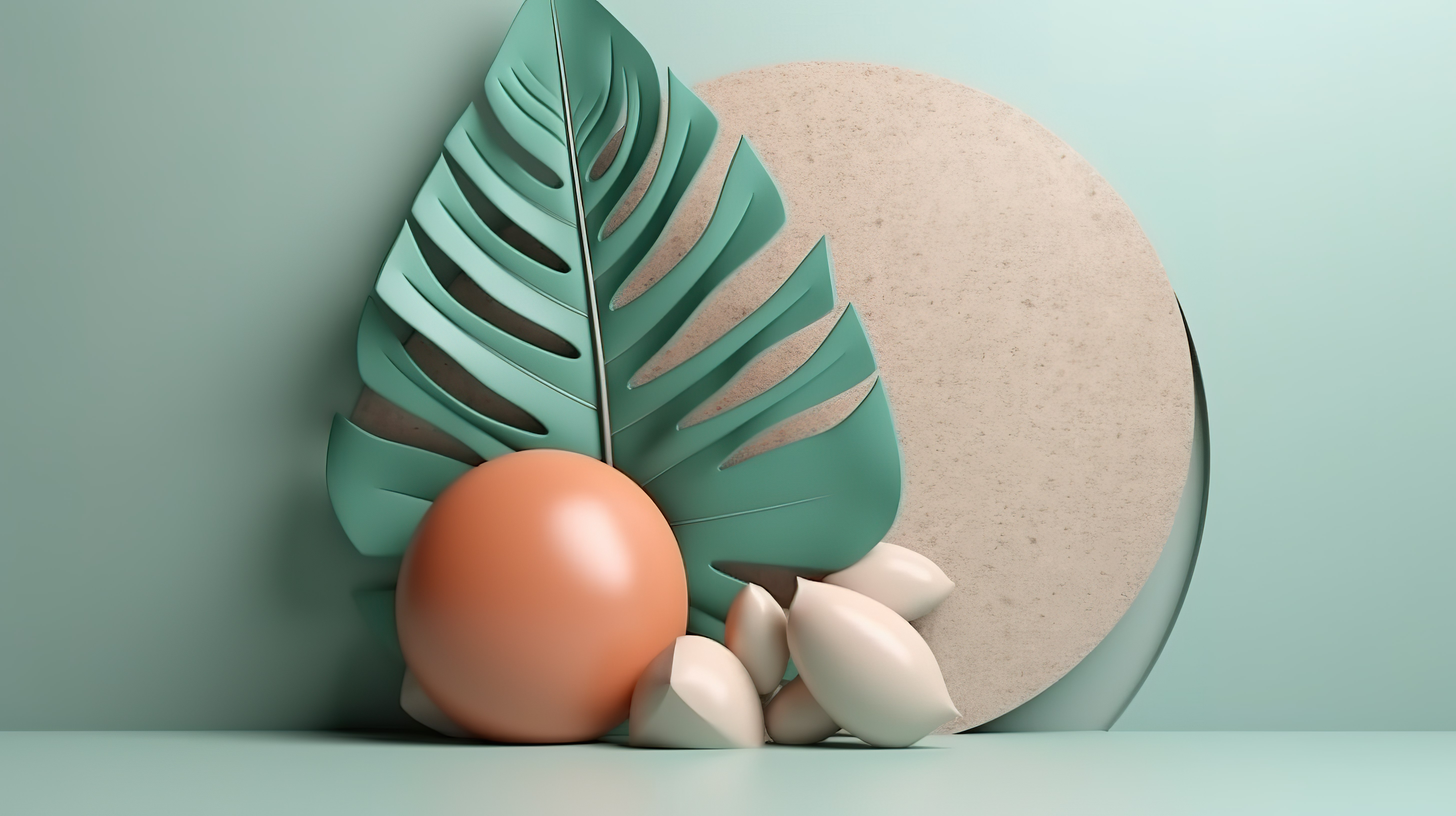 几何抽象和柔和背景上由石头制成的热带叶子的 3D 渲染图片