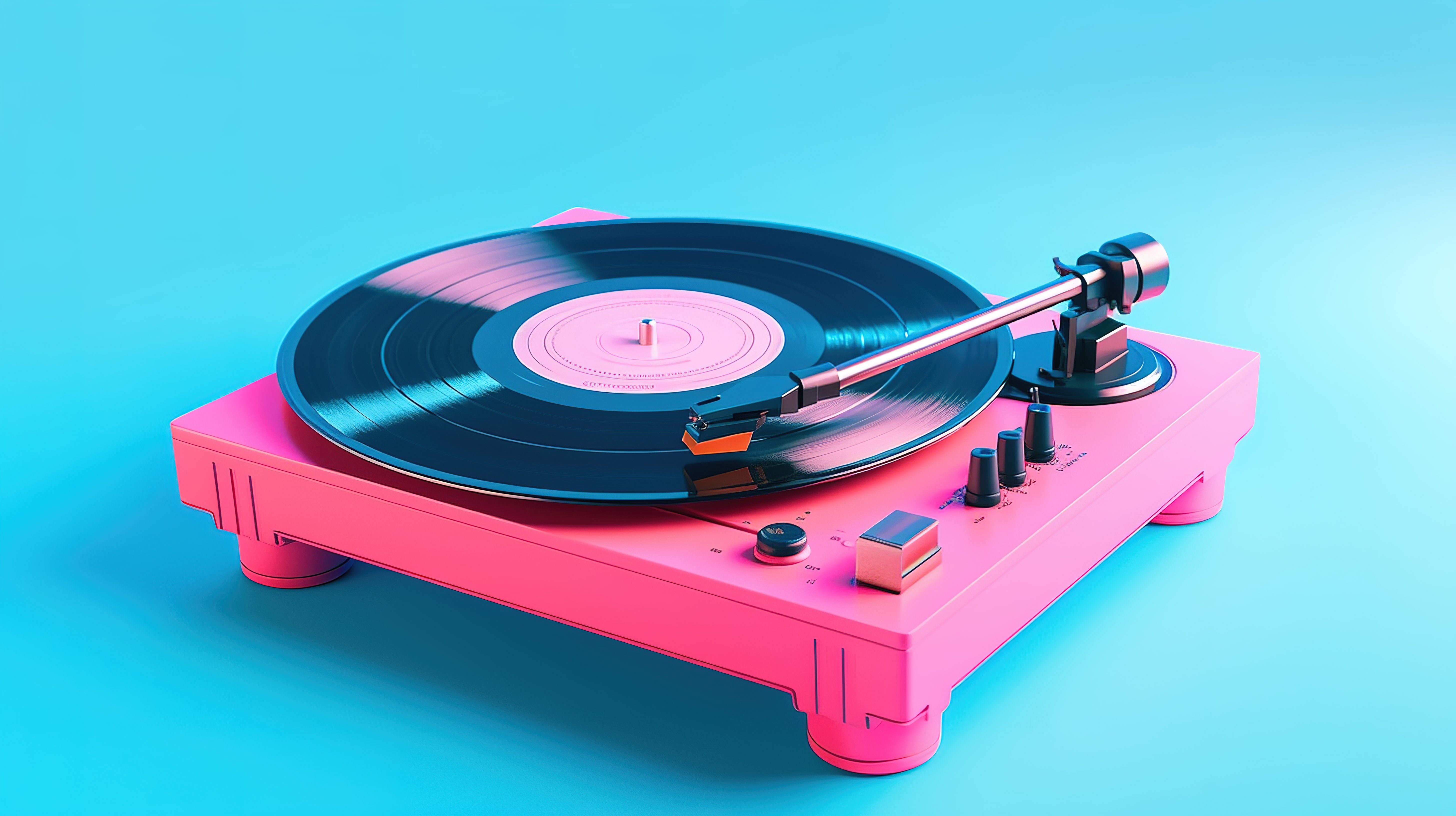 以 3D 呈现的充满活力的粉红色背景上的双色调蓝色 DJ 转盘图片