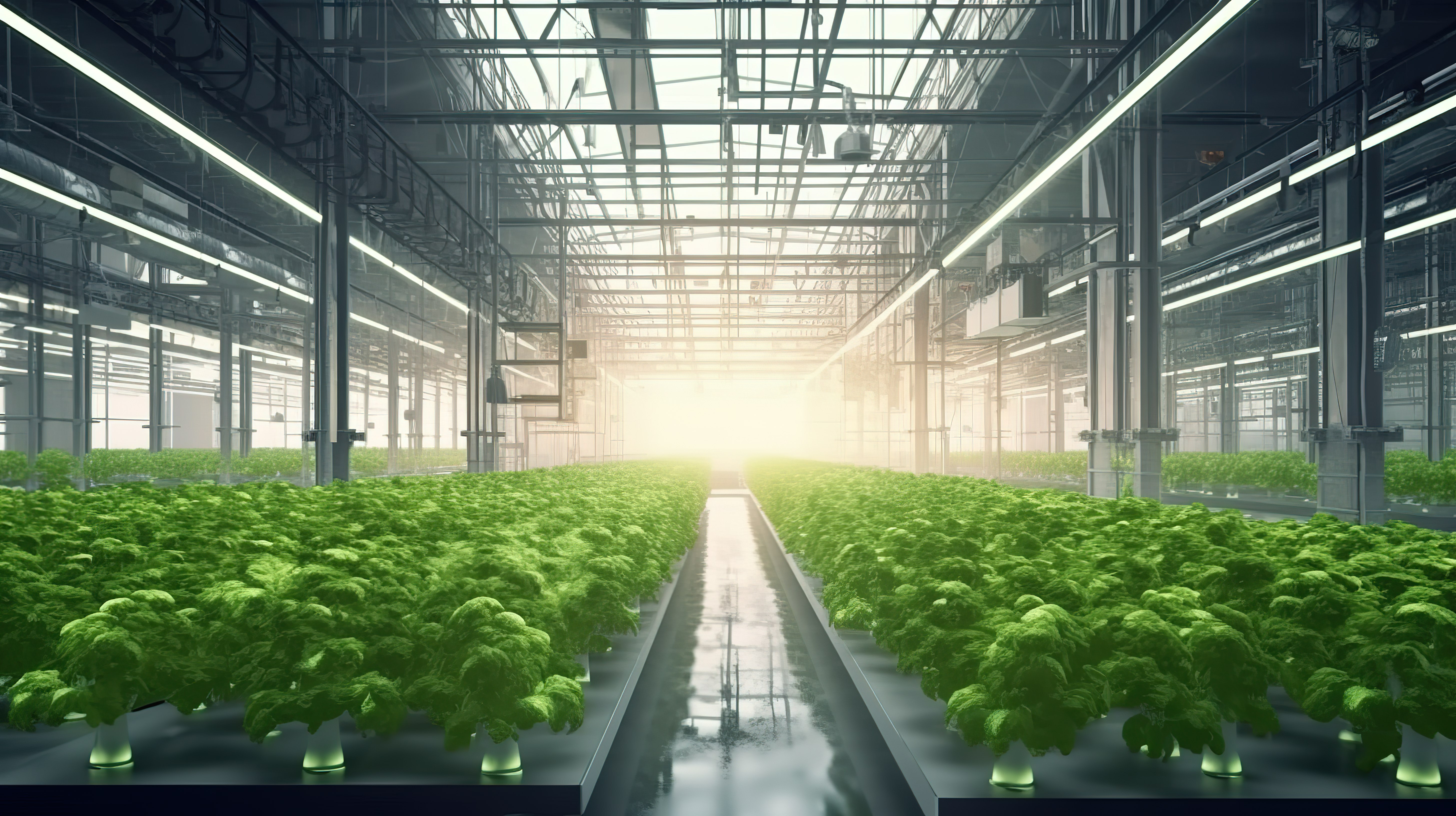 宽敞的室内温室，用于工业规模水培植物种植，种植茂盛的沙拉作物和抛光混凝土地板 3D 渲染图片