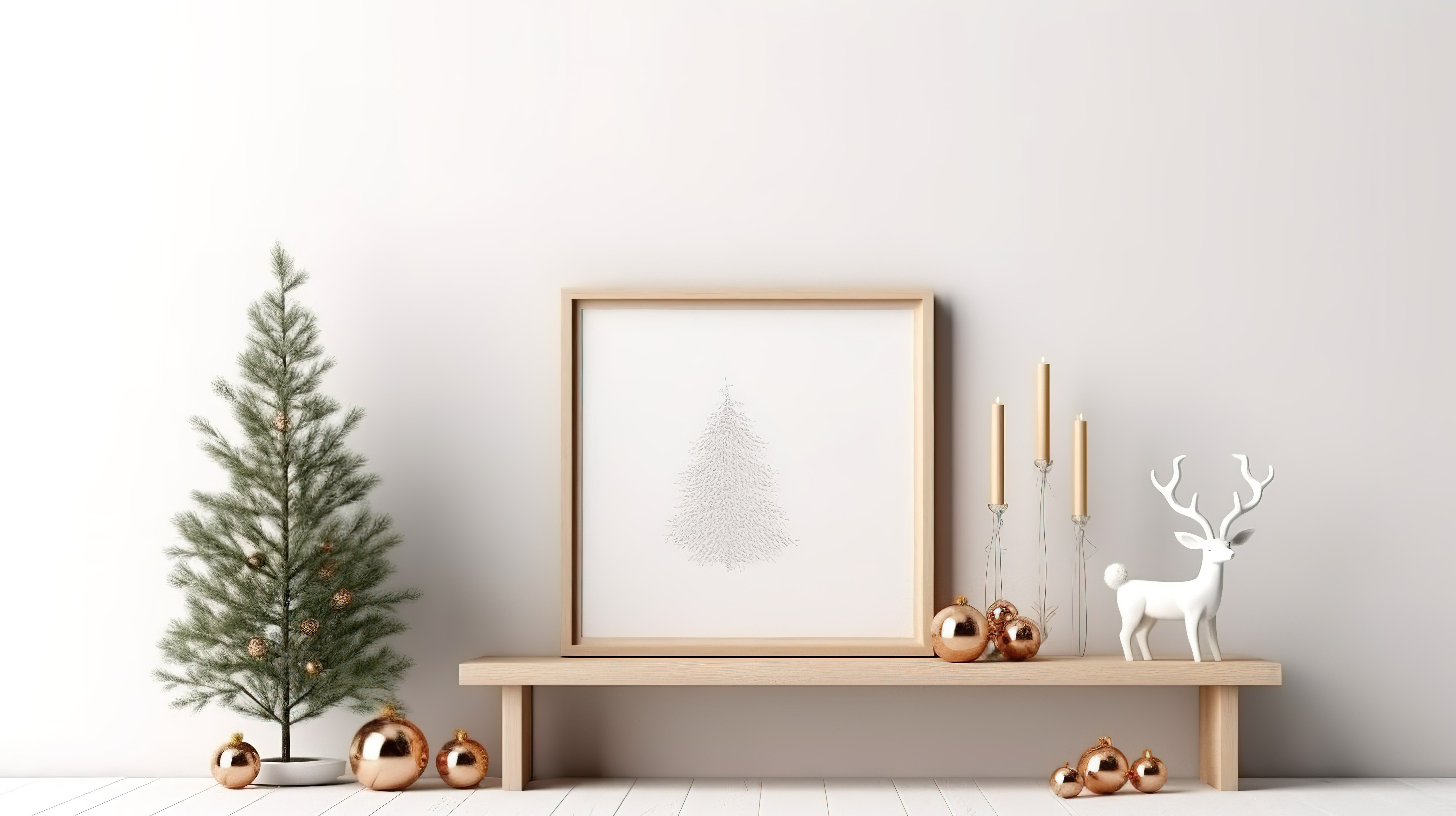 3D 渲染圣诞海报，带有木框鹿杉树和白墙背景的星形花环图片
