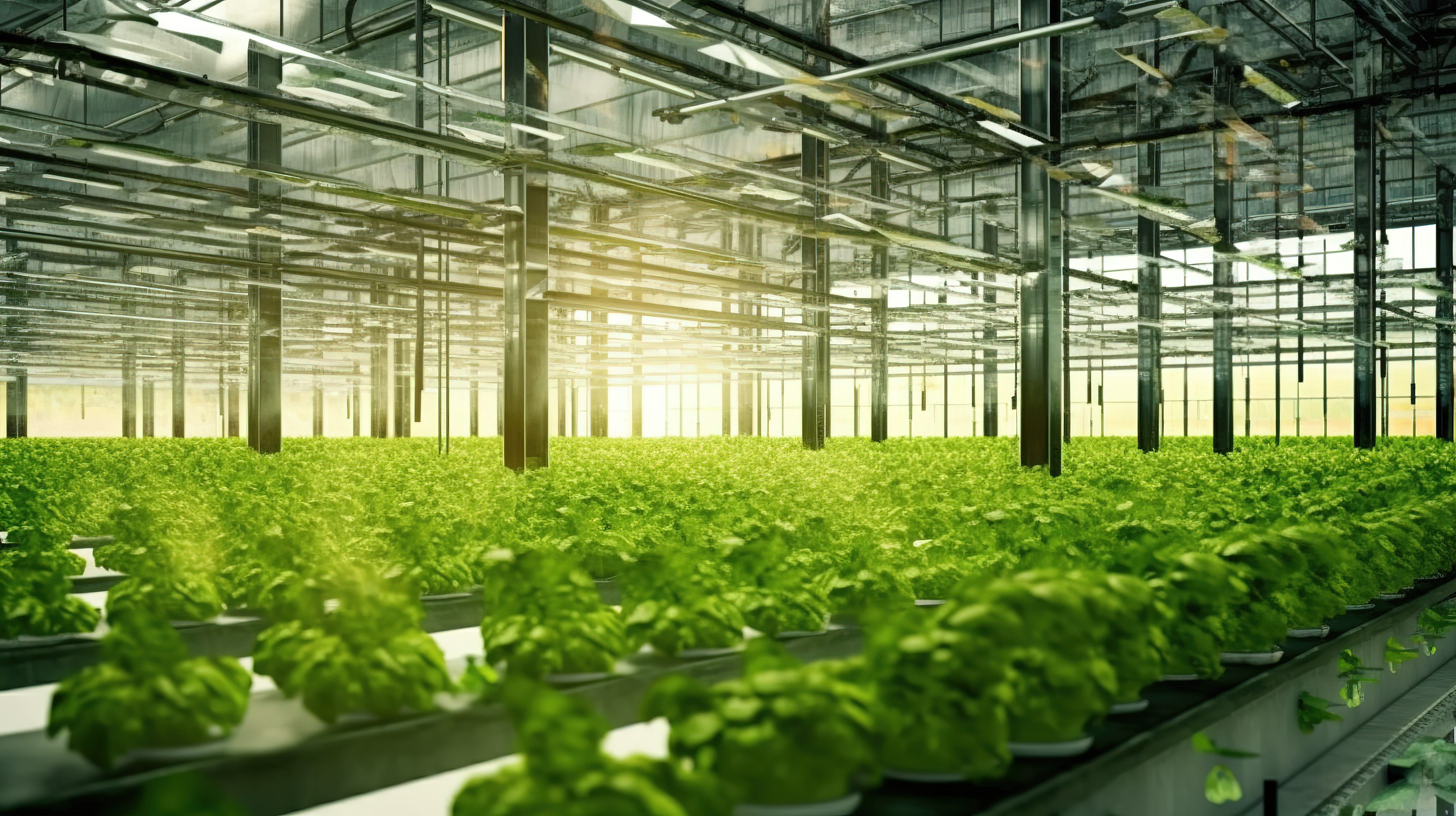大型工业温室宽敞的内部，新鲜蔬菜3D渲染的水培室内农业天堂图片