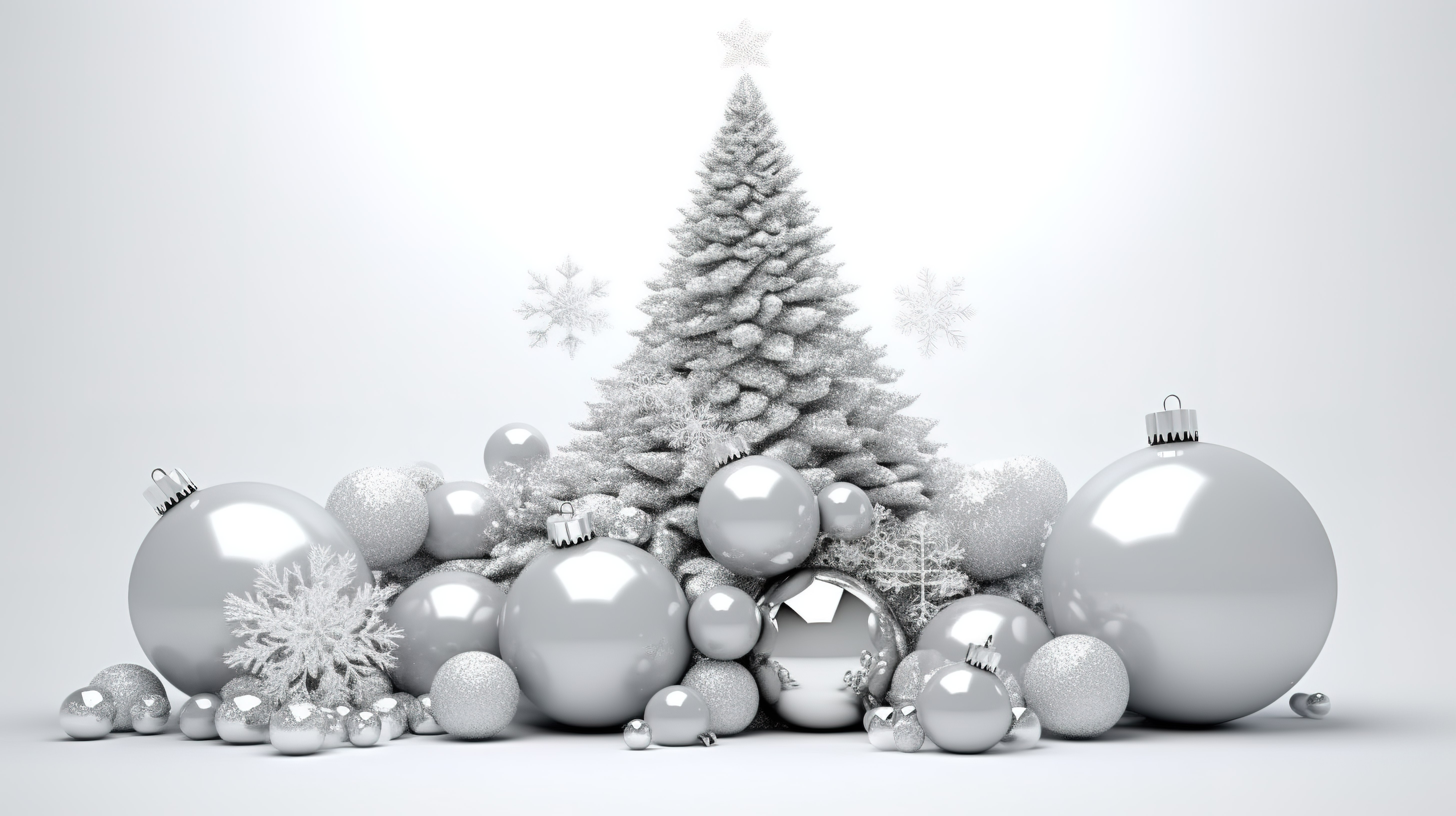 节日快乐 3D 渲染白色背景展示圣诞树装饰品雪花礼物和球图片