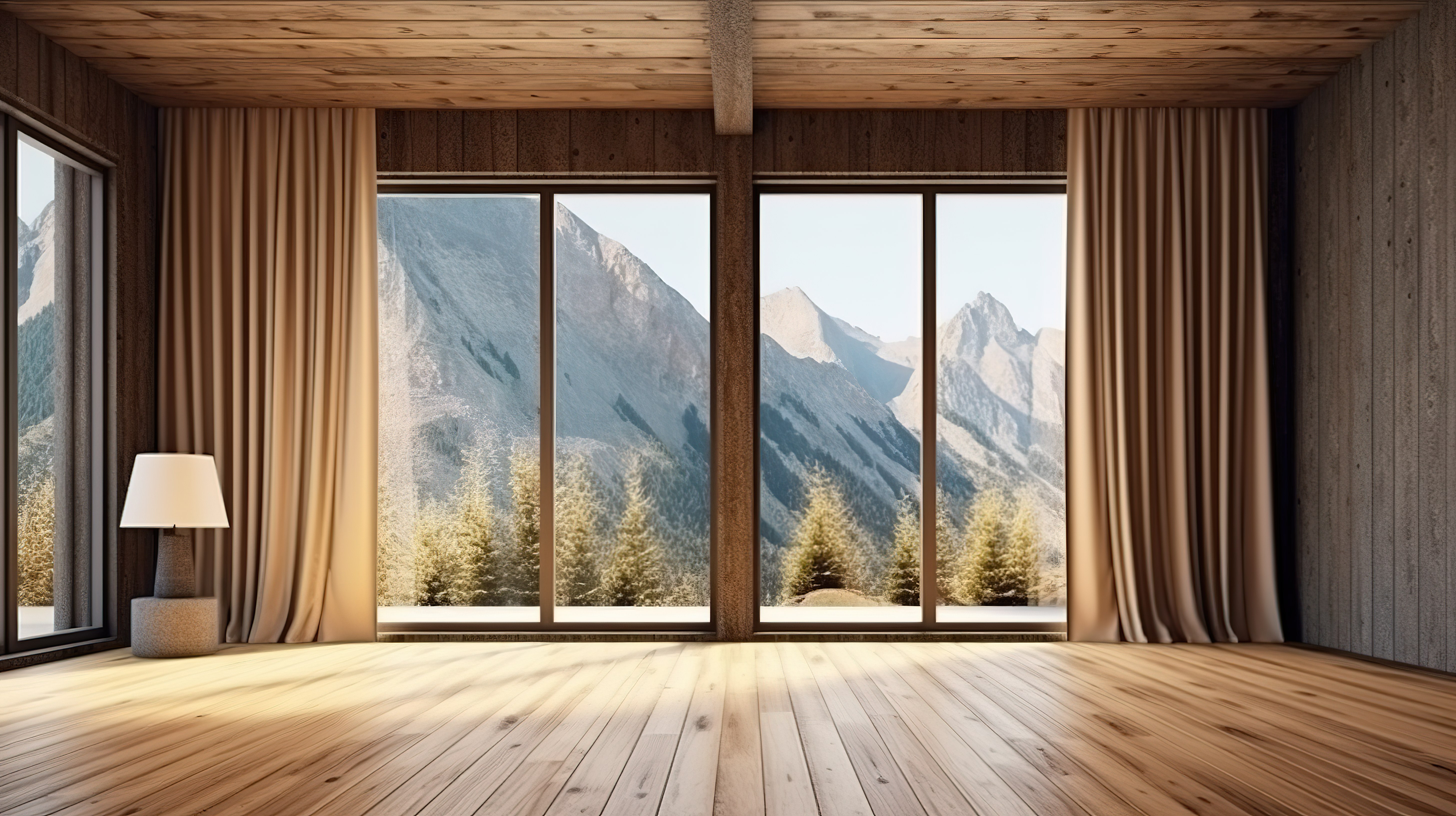 具有令人惊叹的山景 3d 渲染的木屋图片