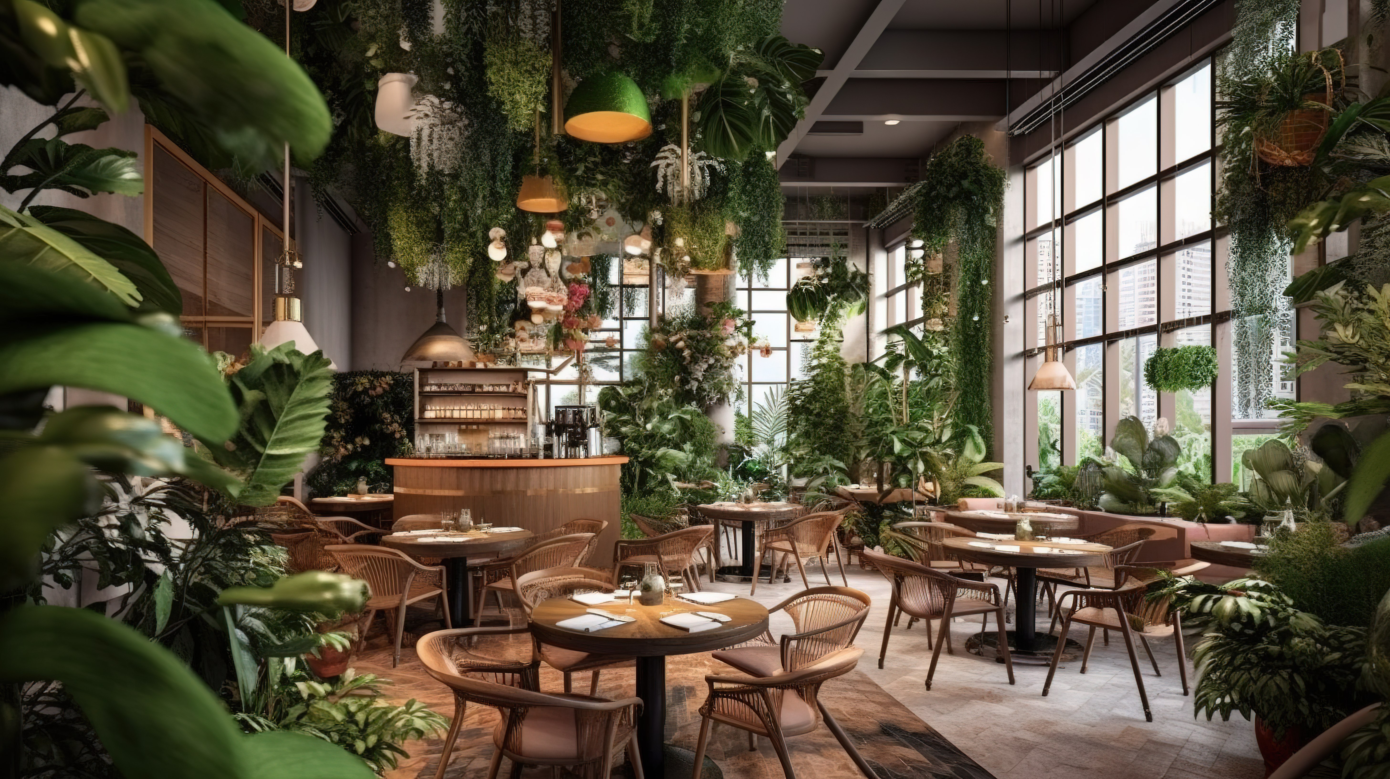 花店和室内花园咖啡馆的 3D 渲染图片