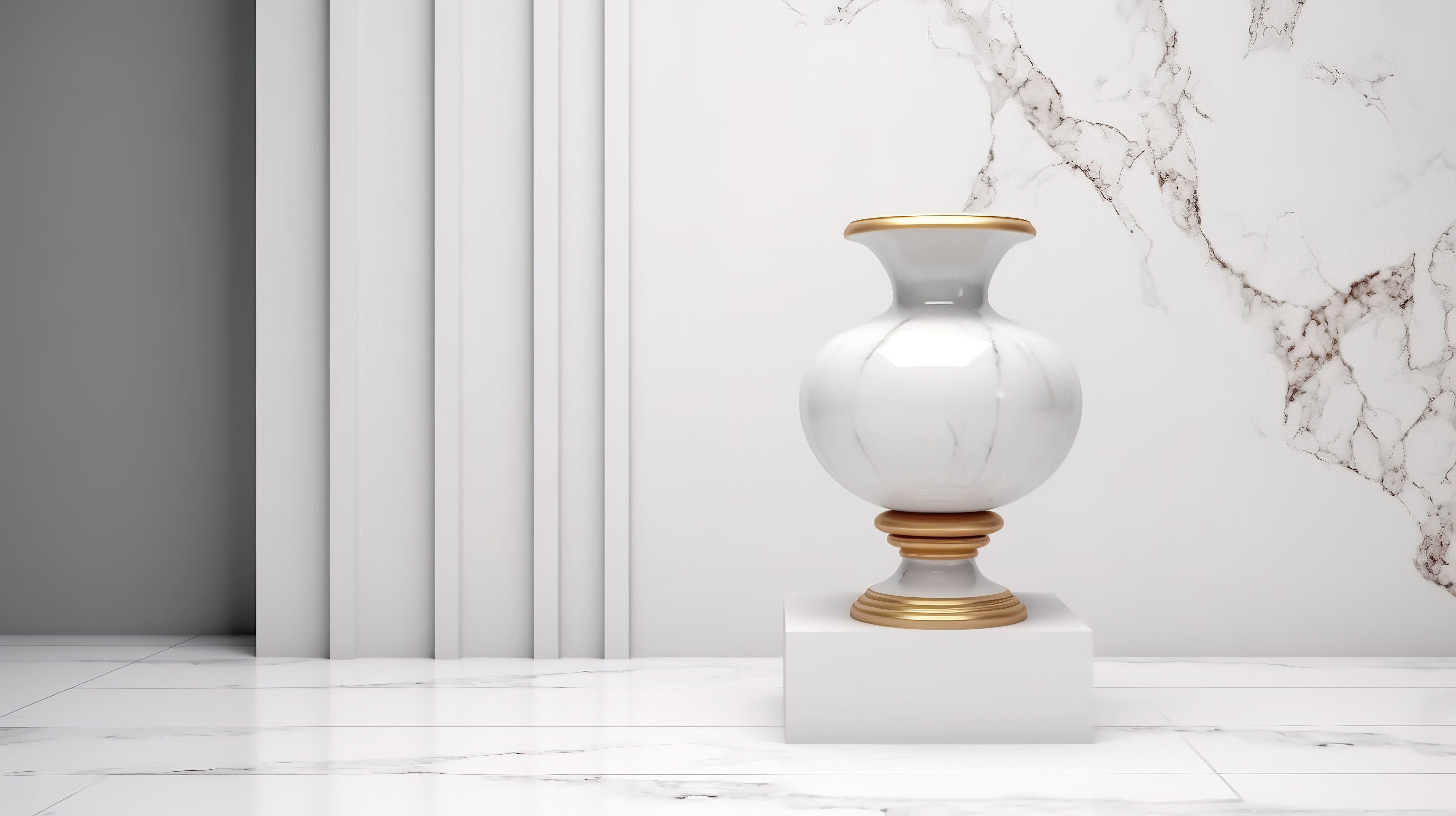博物馆展台上展示的陶瓷花瓶的 3D 渲染插图图片