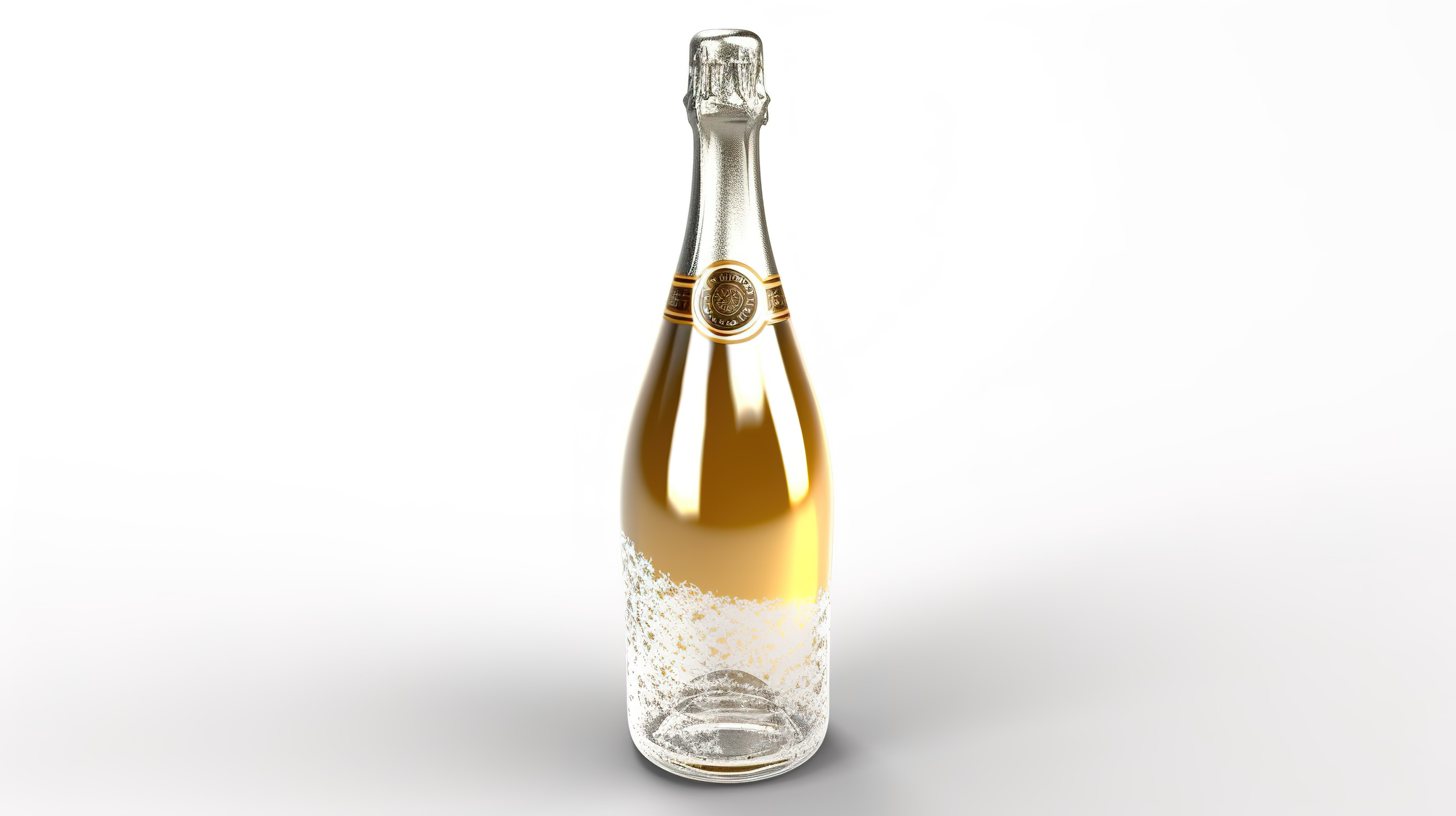 金色包装瓶香槟或起泡白葡萄酒设置在白色背景下，以 3D 数字渲染图片