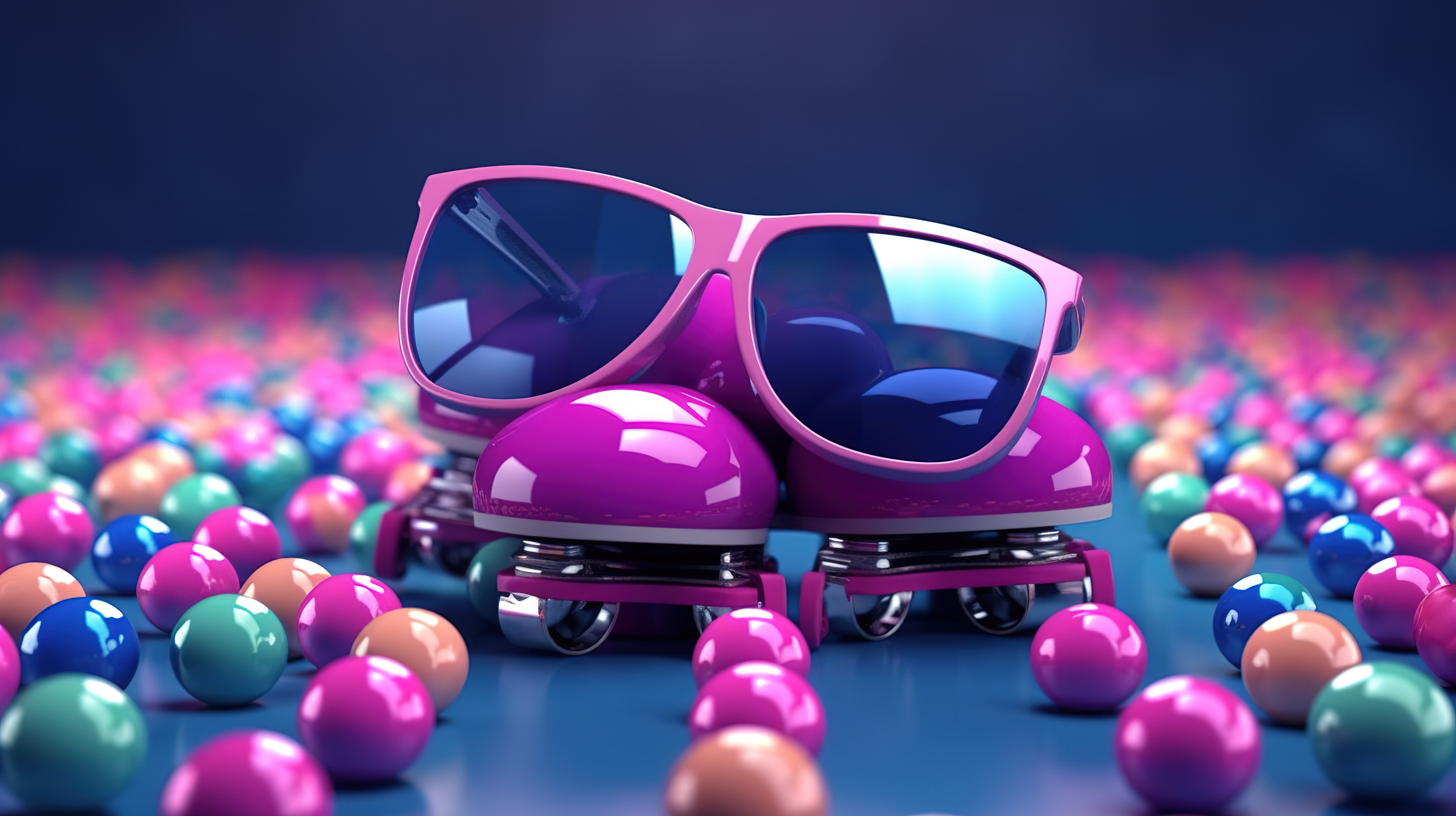深蓝色背景上蓝色溜冰鞋和粉色眼镜周围彩色球的 3D 渲染图片