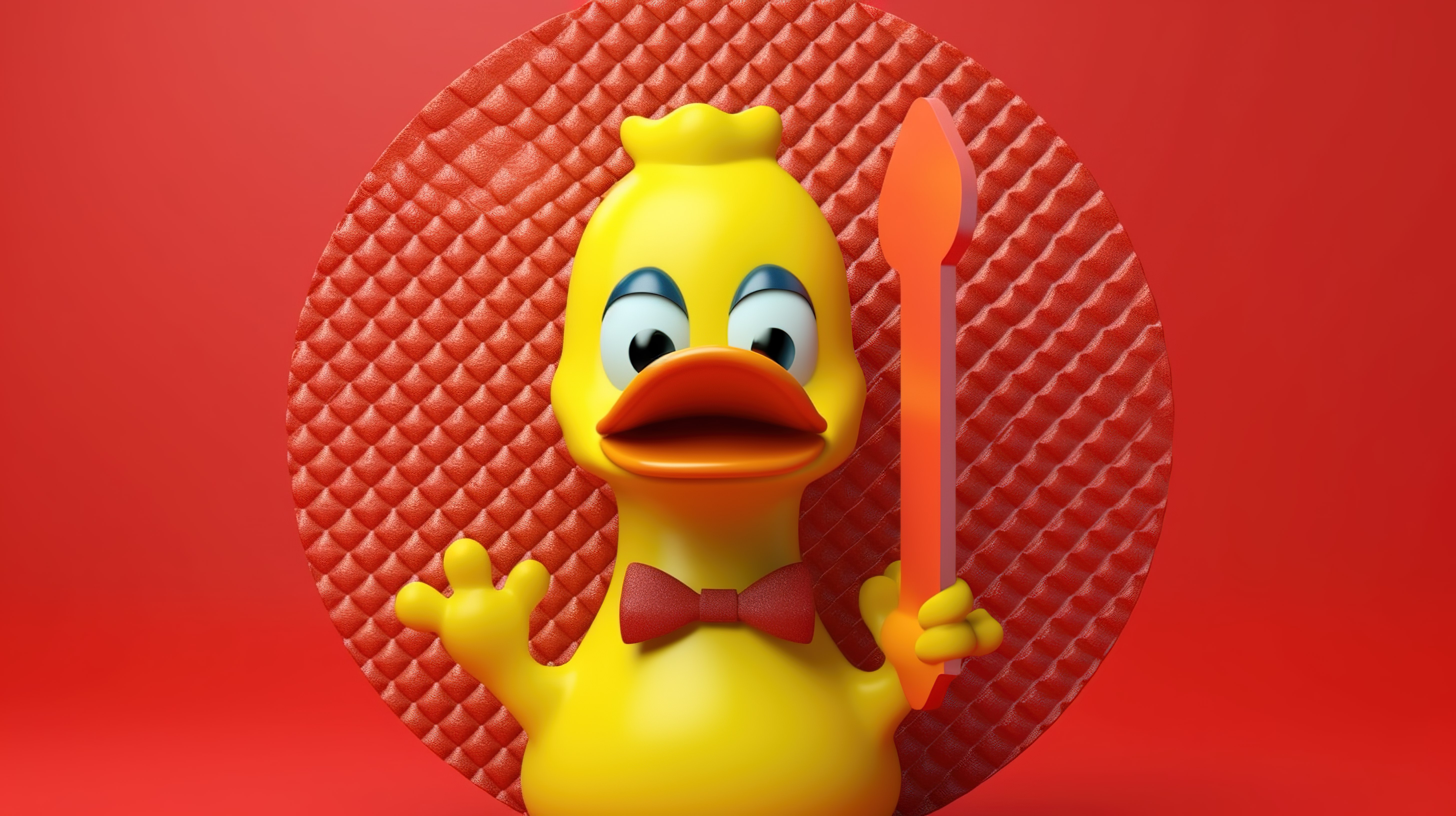 可爱的卡通鸭吉祥物，黄色背景 3d 渲染上带有红色禁止符号图片