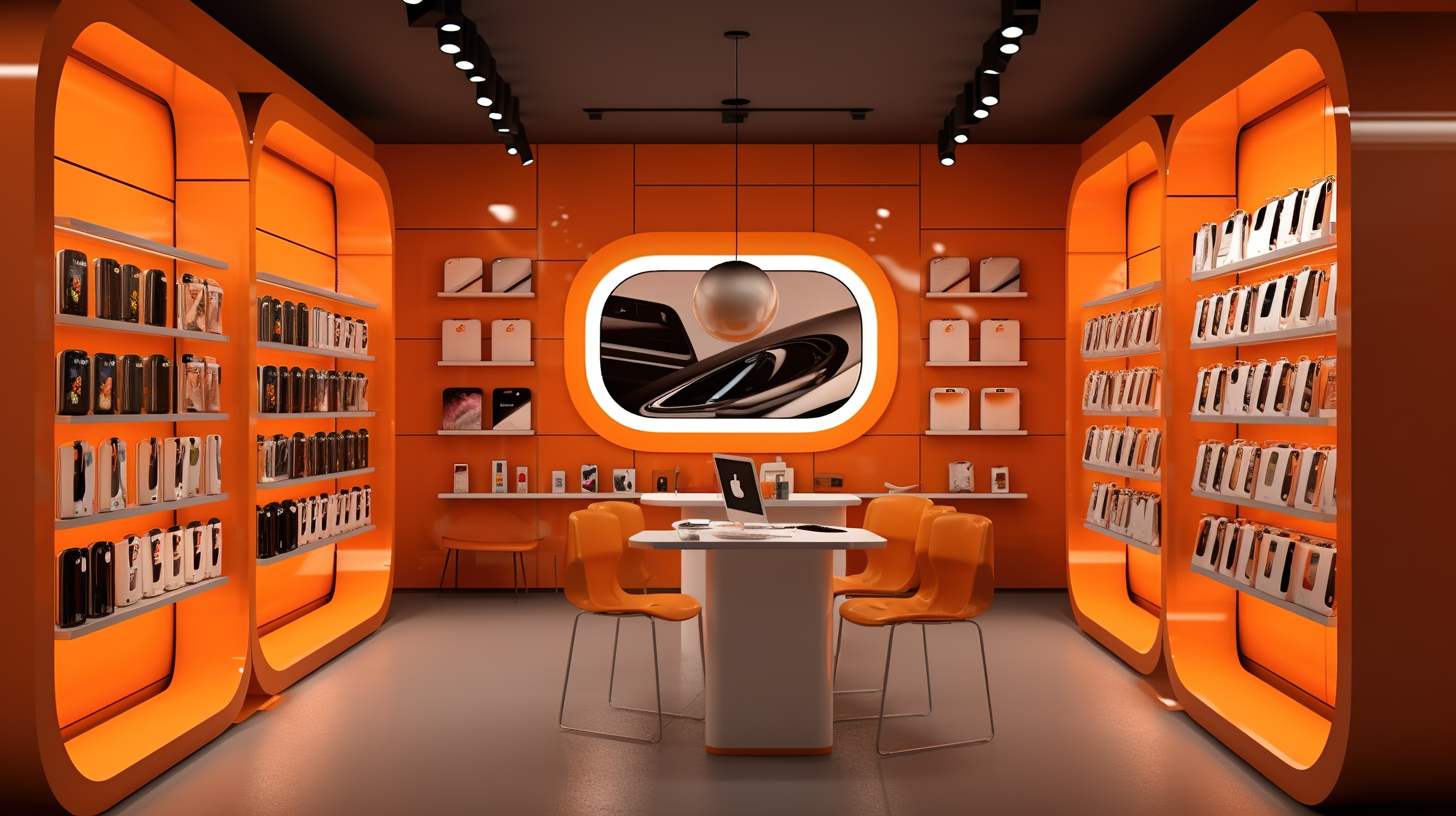 销售手机和配件的橙色室内设计商店的 3D 渲染图片