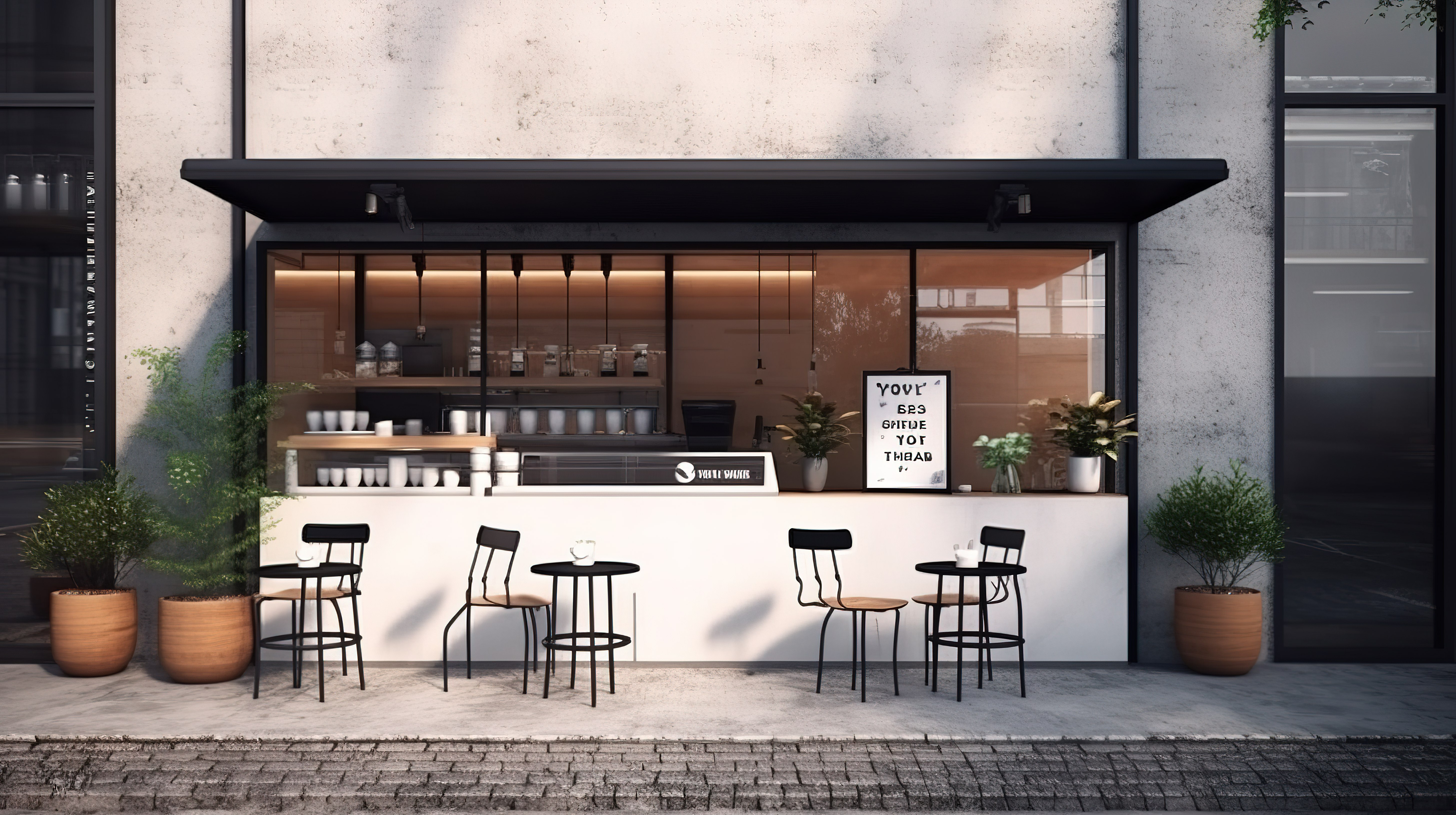 带横幅和菜单样机的咖啡店户外建筑设计的 3D 插图图片