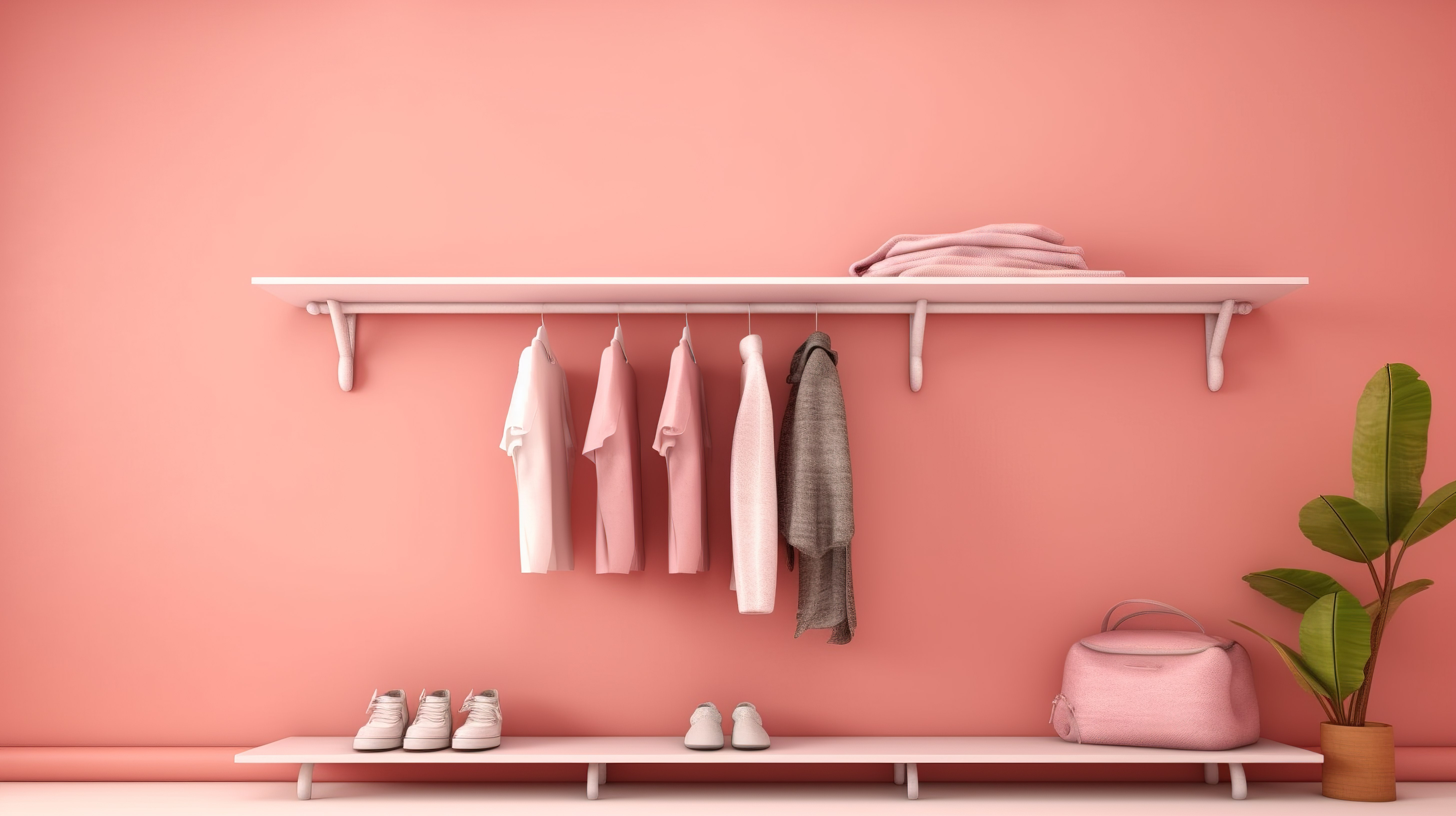 垃圾架子与衣服反对柔和的粉红色珊瑚背景 3d 渲染图片