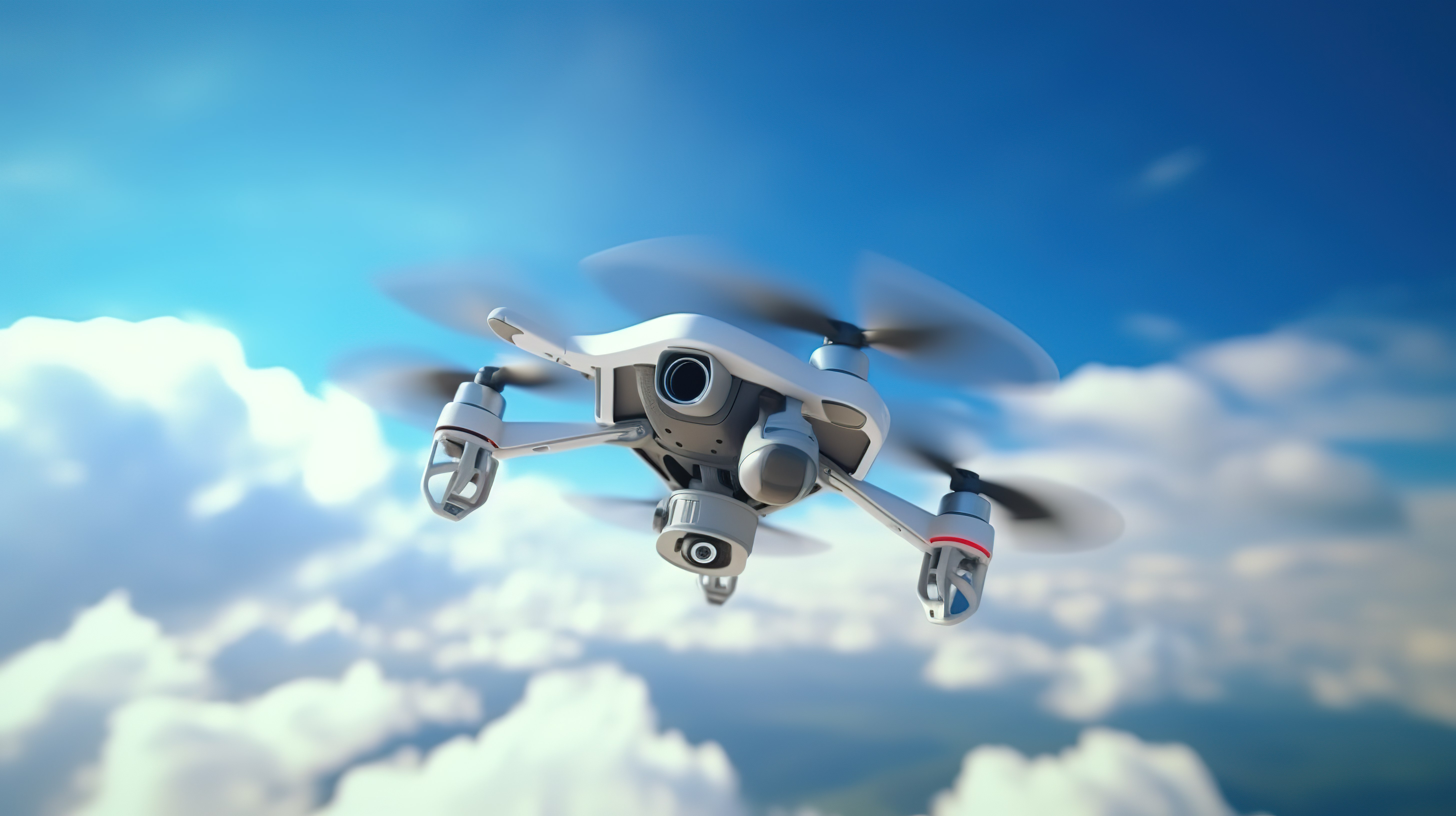 空中无人机在 3d 的蓝天和蓬松的云彩背景下翱翔图片