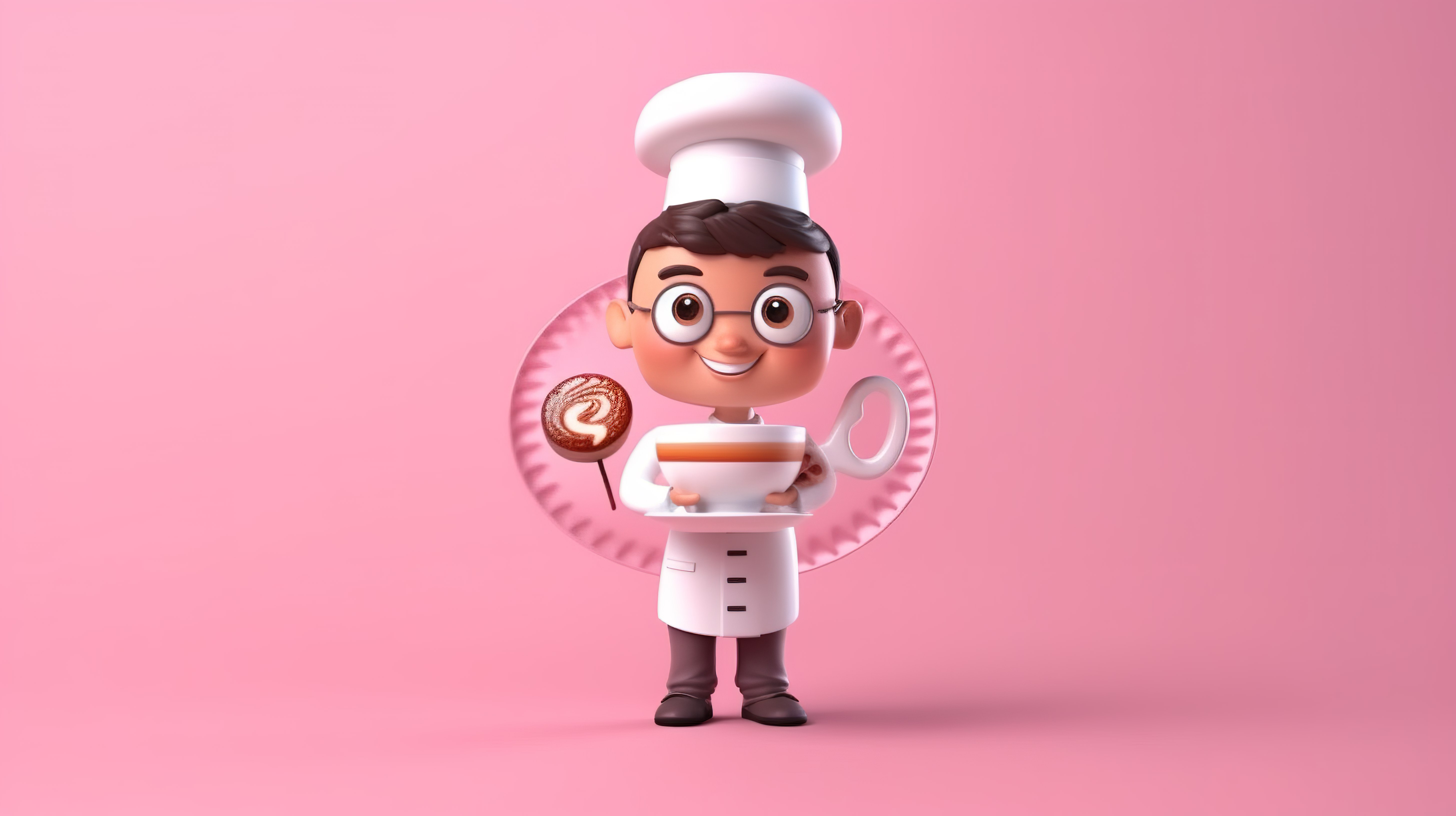 可爱的厨师面包师咖啡师拿着粉红色背景 3D 渲染的咖啡杯图片