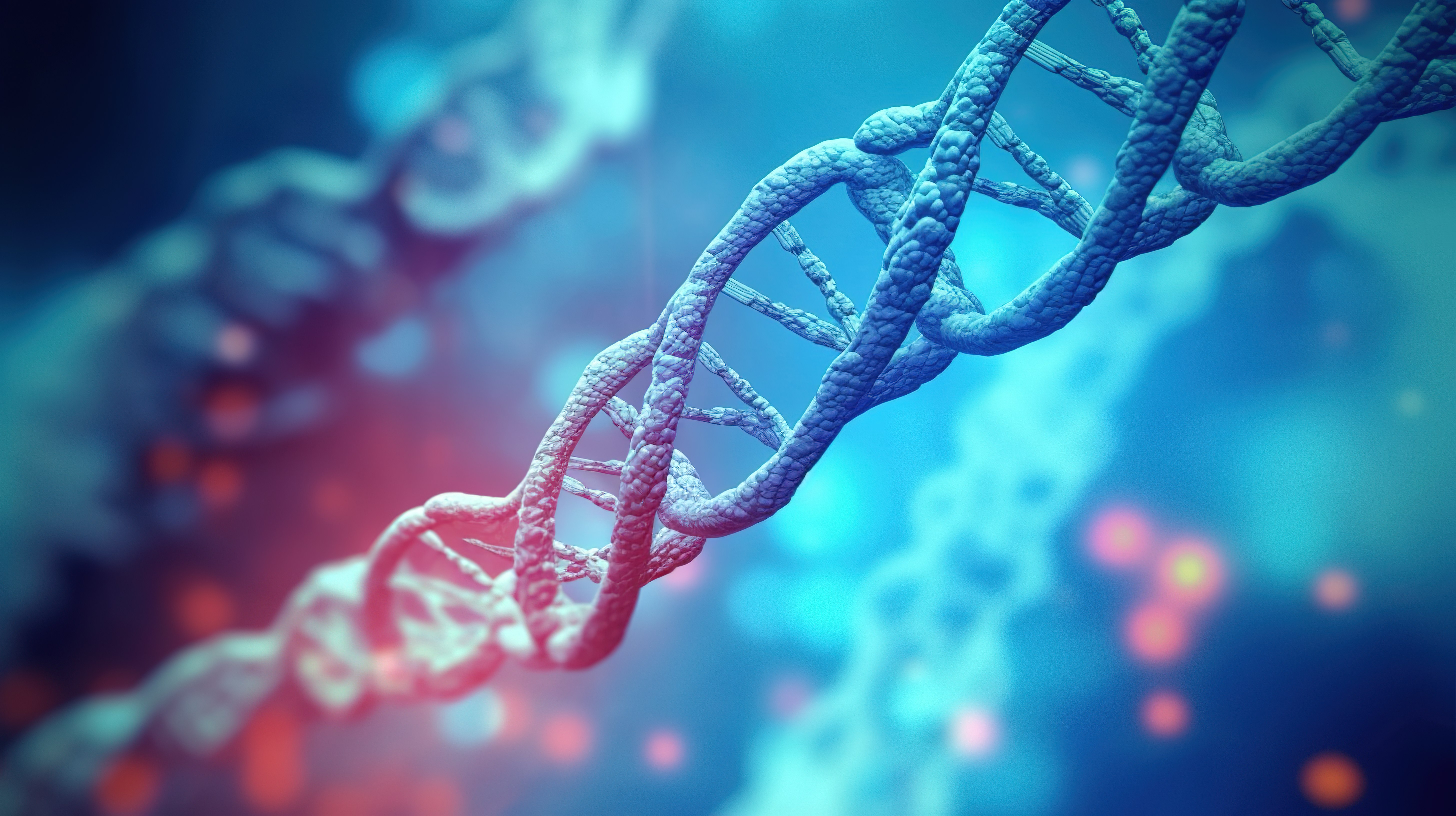 生物化学和 DNA 的融合，蓝色背景上的 3D 渲染，传达医学的治愈力量图片