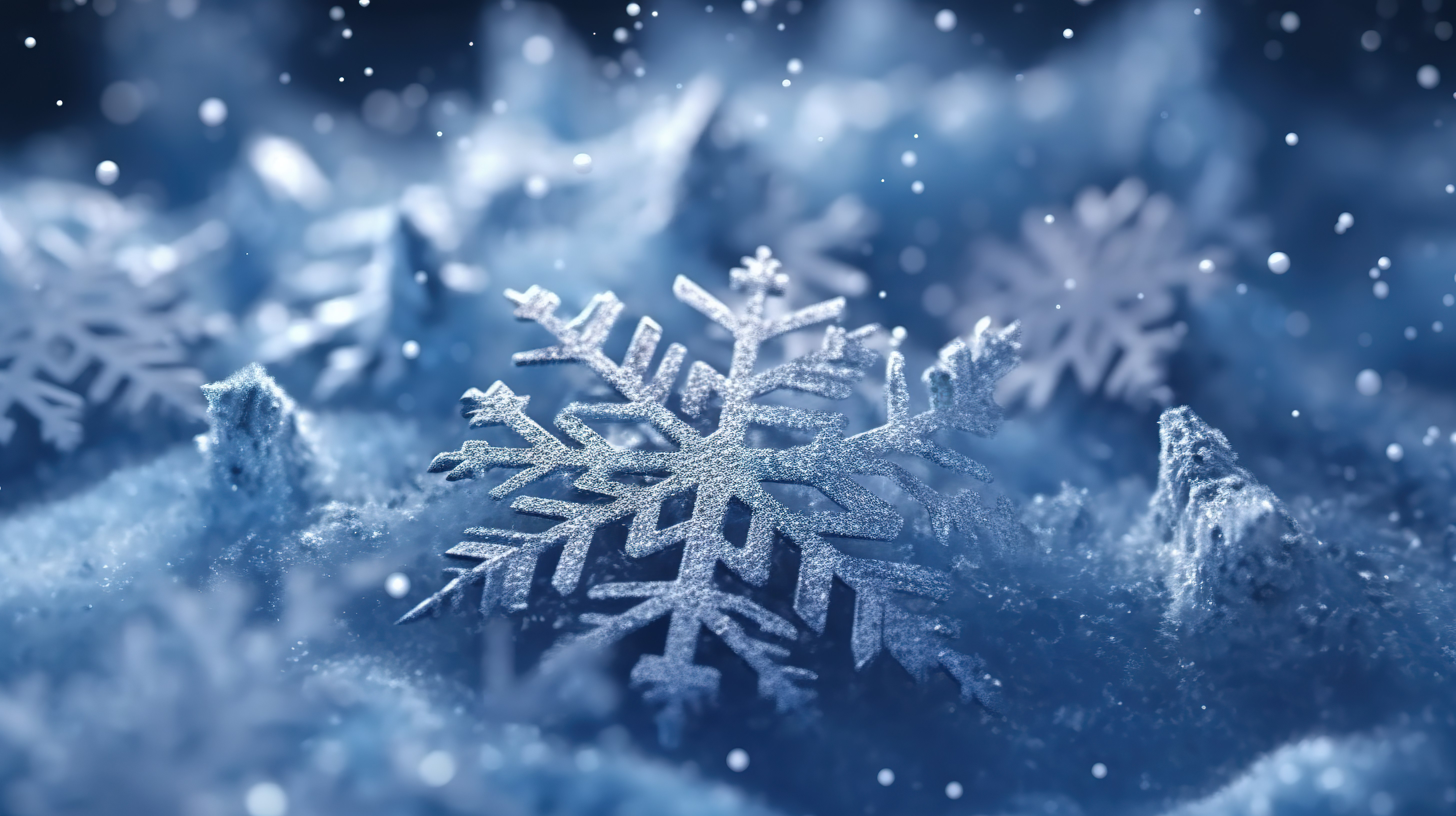 近距离雪和移动的雪花冬季电影背景，采用复杂的 3D 插图风格，用于电影目的图片