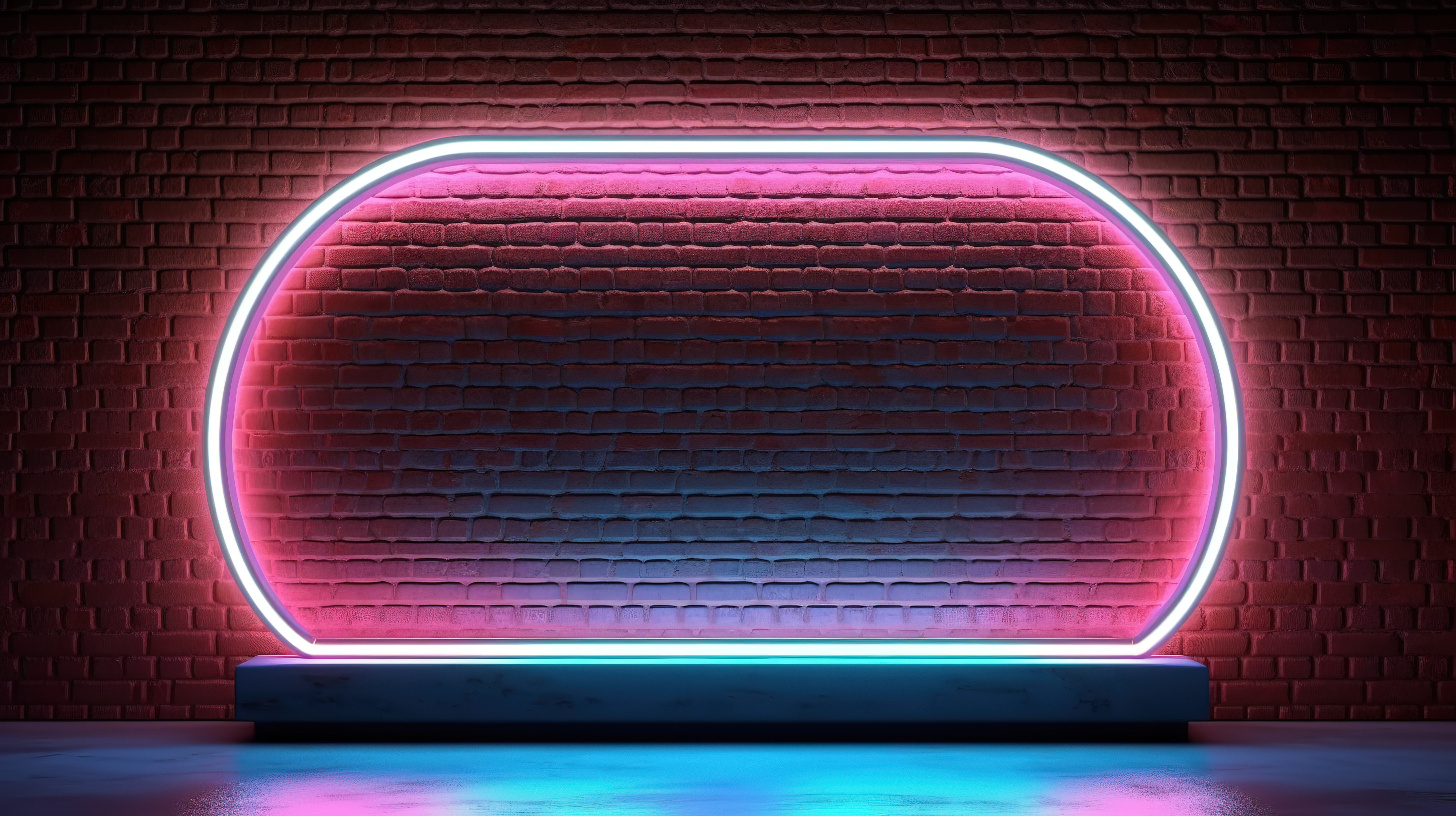 椭圆形霓虹灯框架内砖墙前酒吧标志的 3D 渲染图片