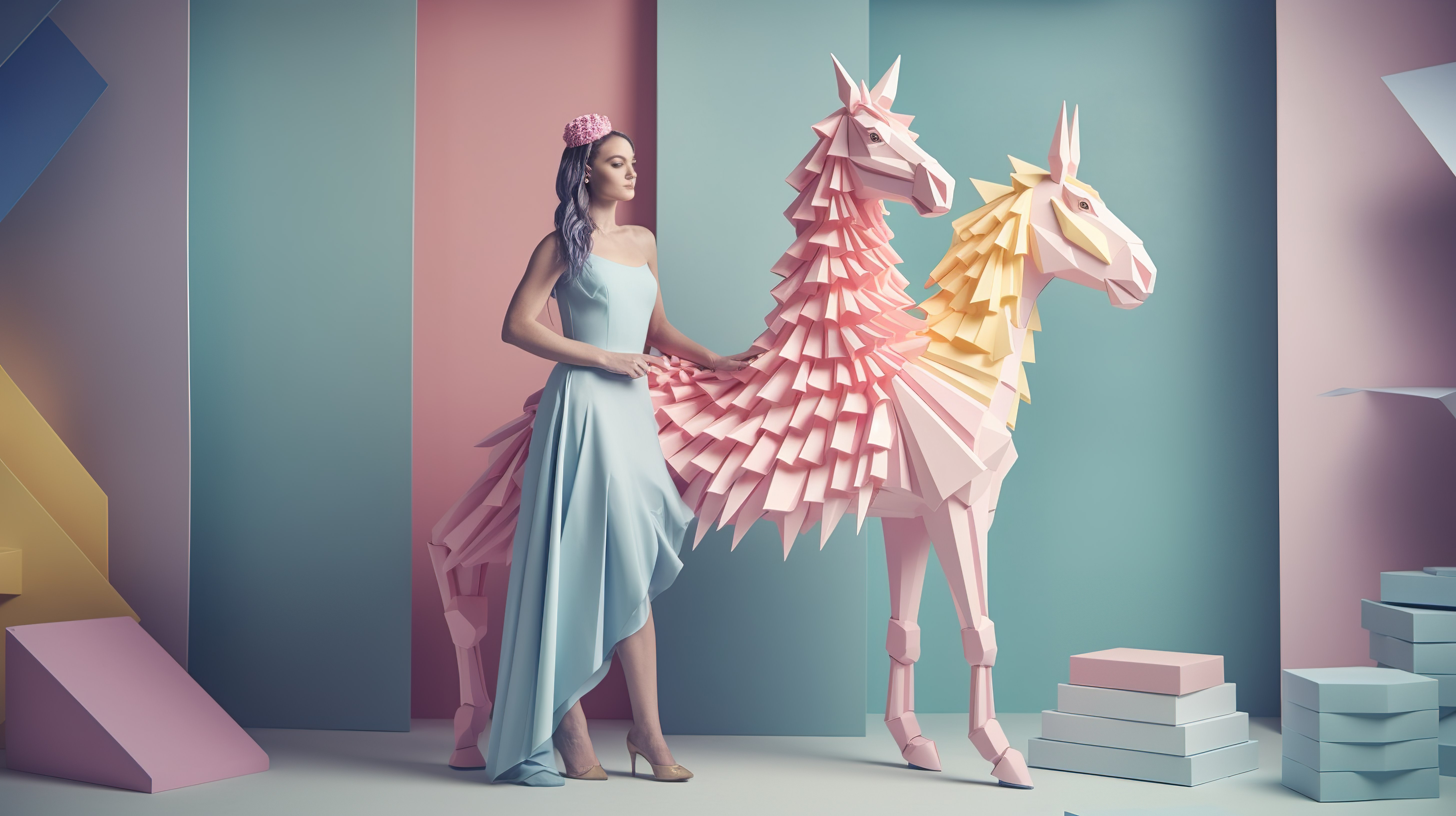 由女模特装饰的独角兽 3D 纸工艺连衣裙图片