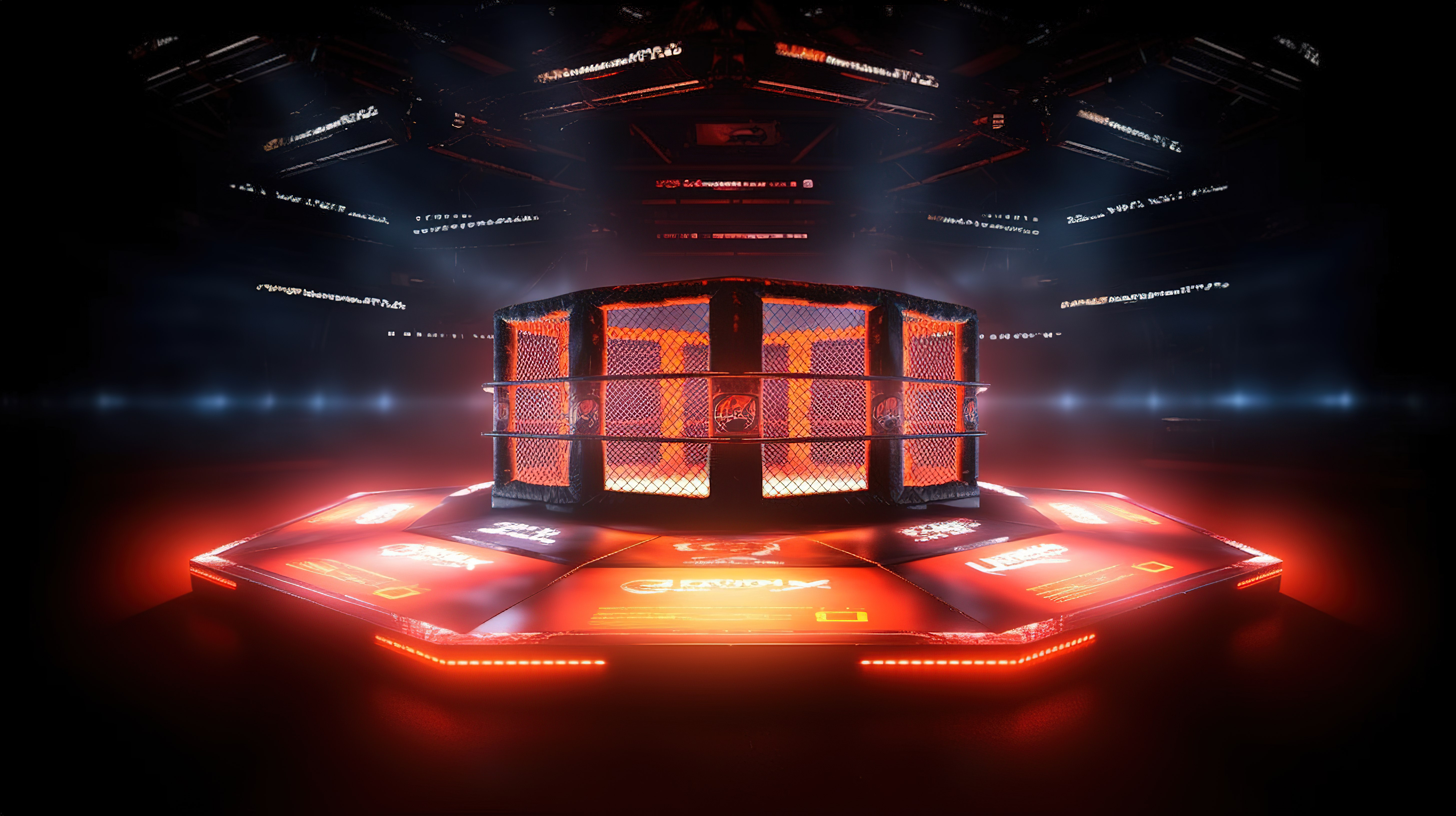 格斗锦标赛竞技场中点燃的 MMA 八角形底部视图 3D 渲染图片