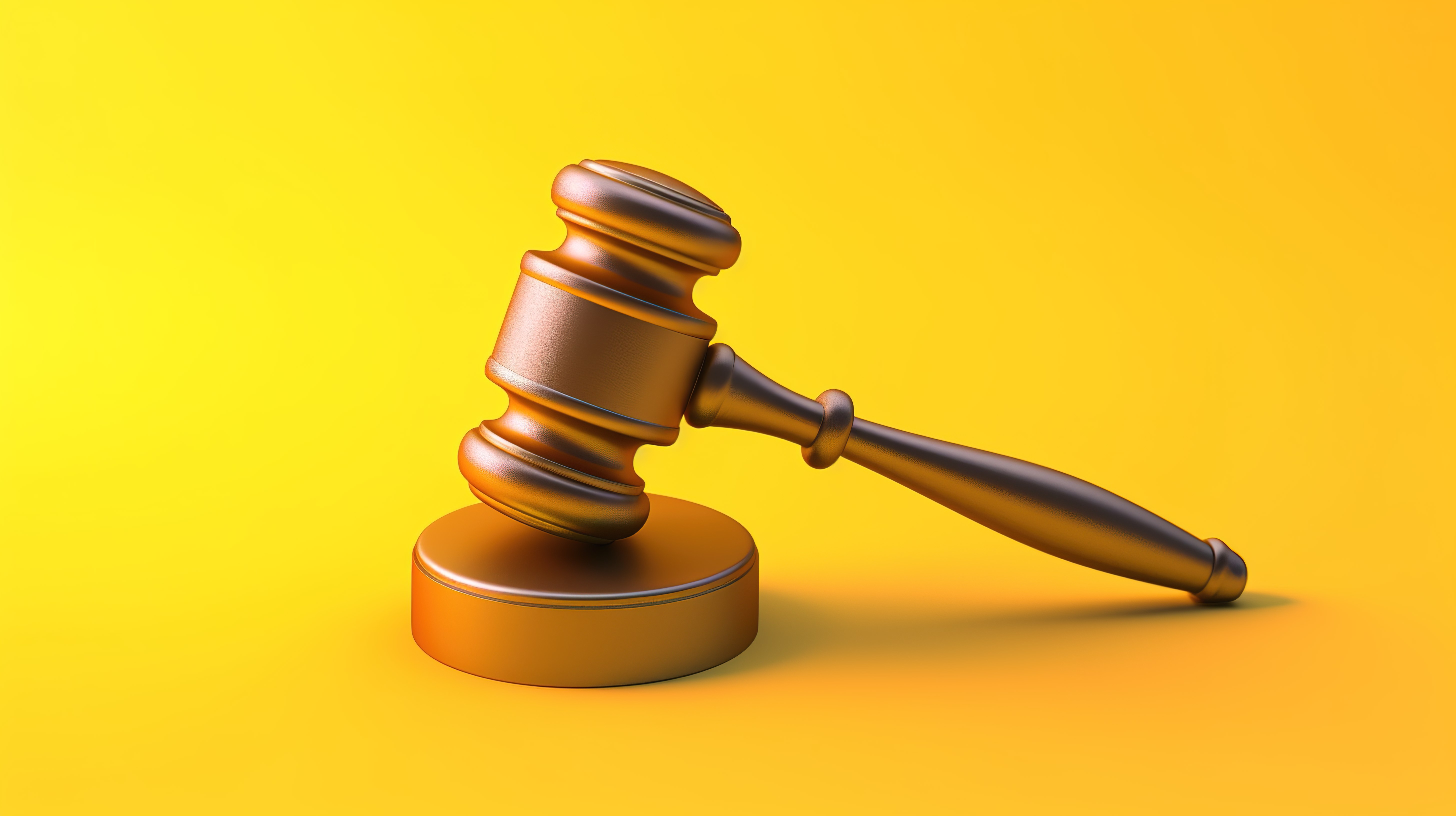 黄色背景与拍卖法院权威和法律的木槌象征 3D 渲染插图图片