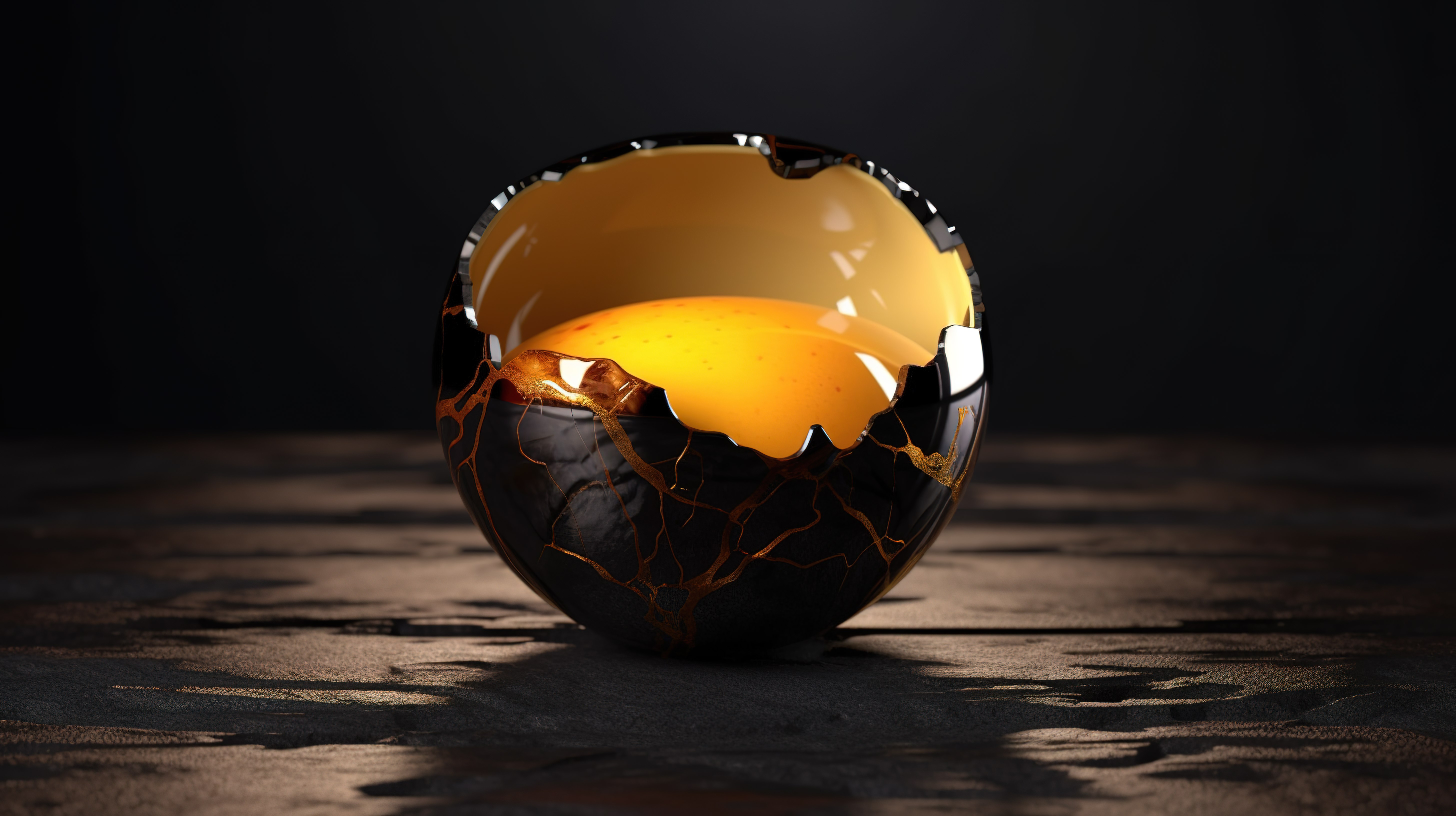 3D 渲染中带有反射和黑色背景的破裂壳中的发光蛋黄图片