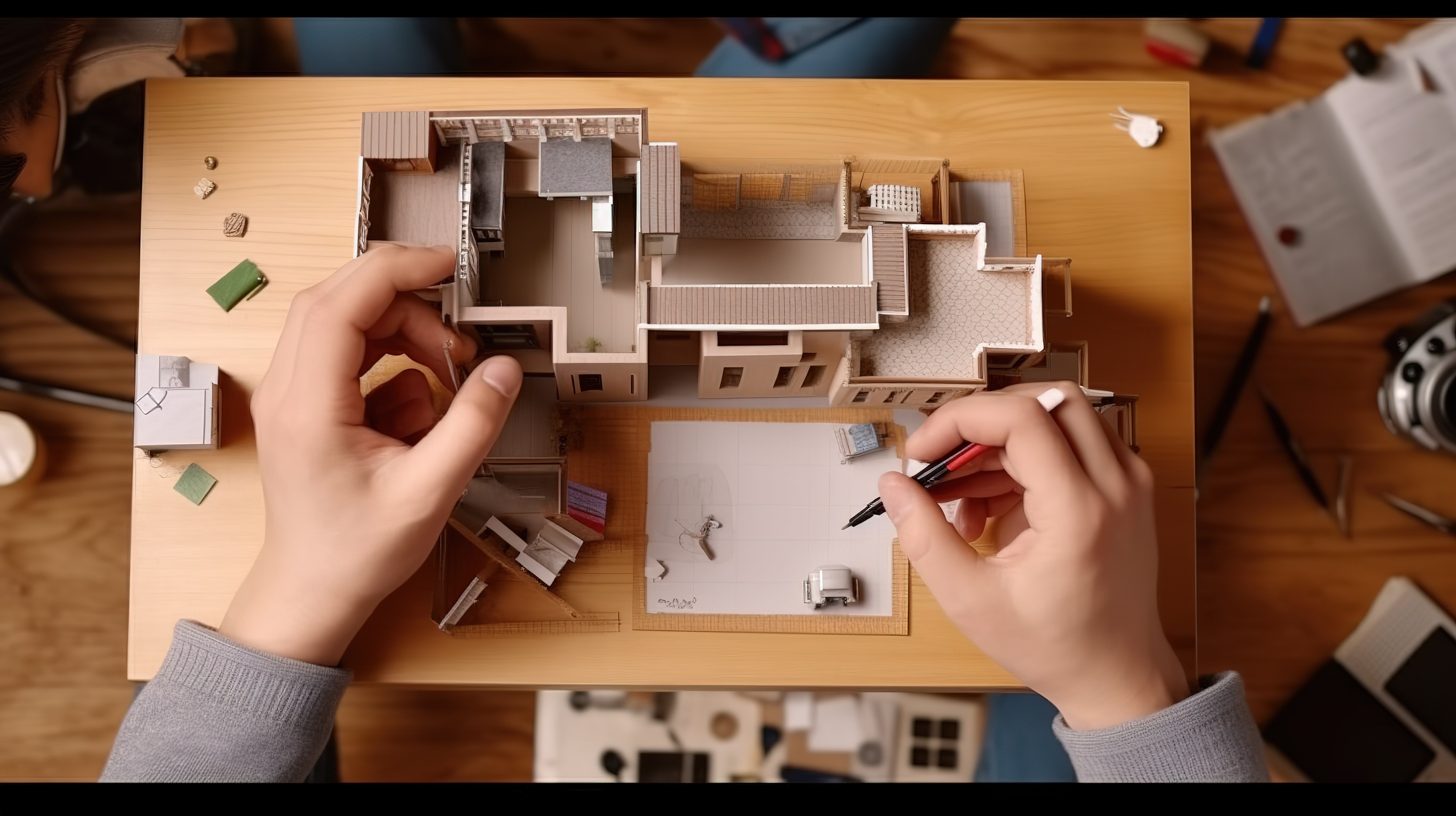 助理捕捉房屋 3D 模型而建筑师记录房间尺寸的鸟瞰图图片