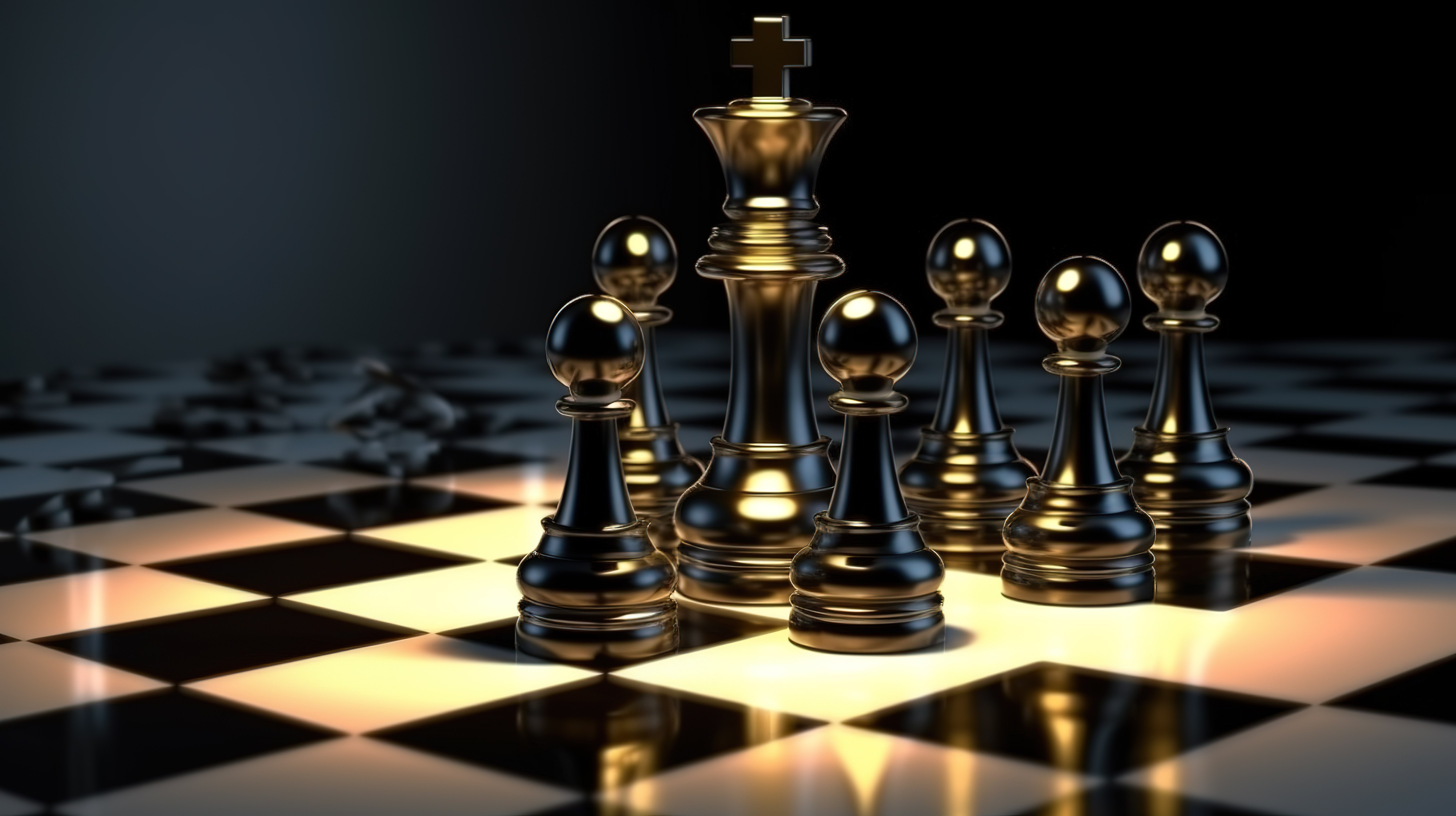 光芒四射的国际象棋国王和黑暗的棋子象征着 3D 模型中的优越性图片