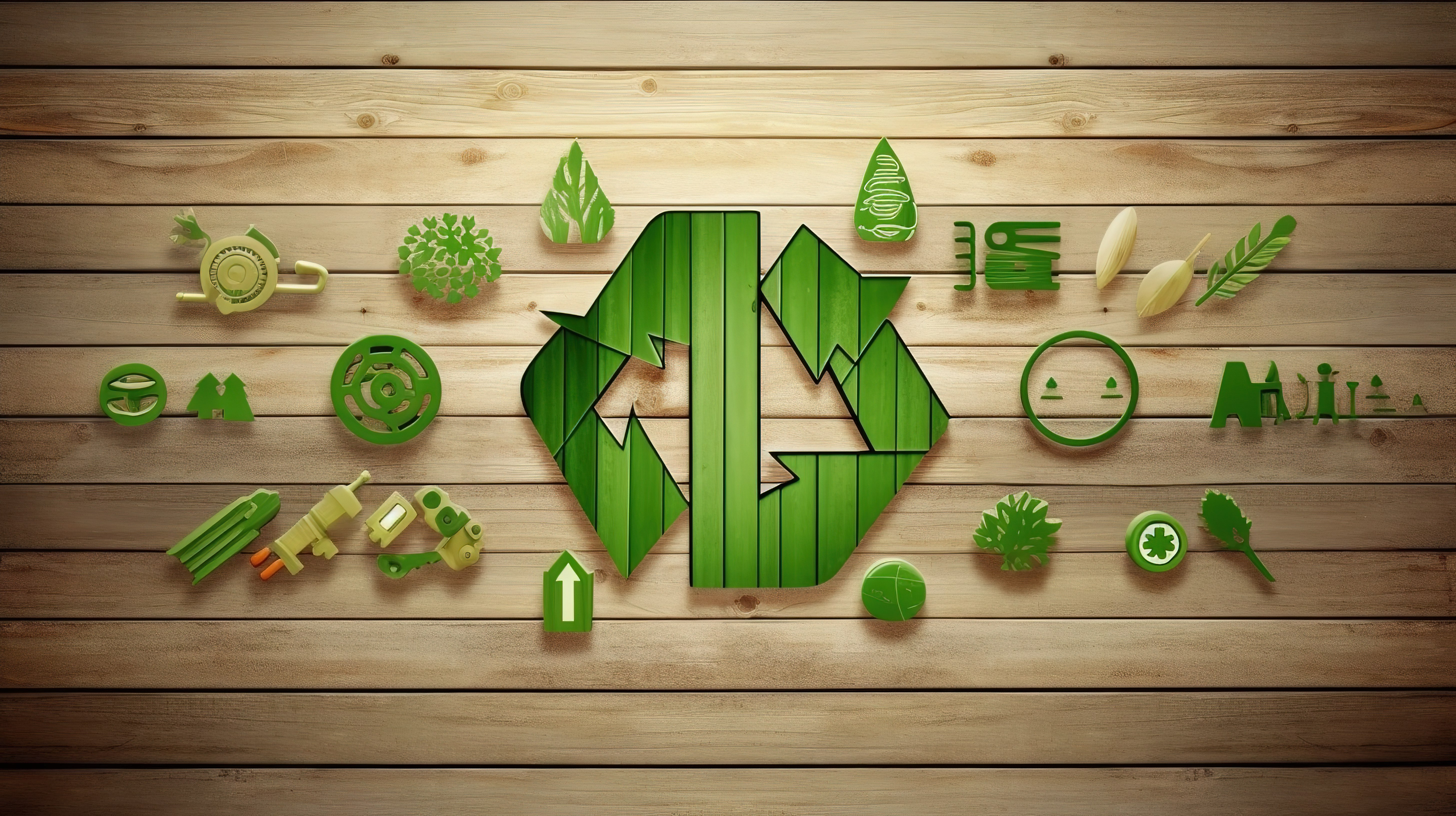 灰色木质背景上带有生态友好图标的生态绿色箭头的 3D 插图图片