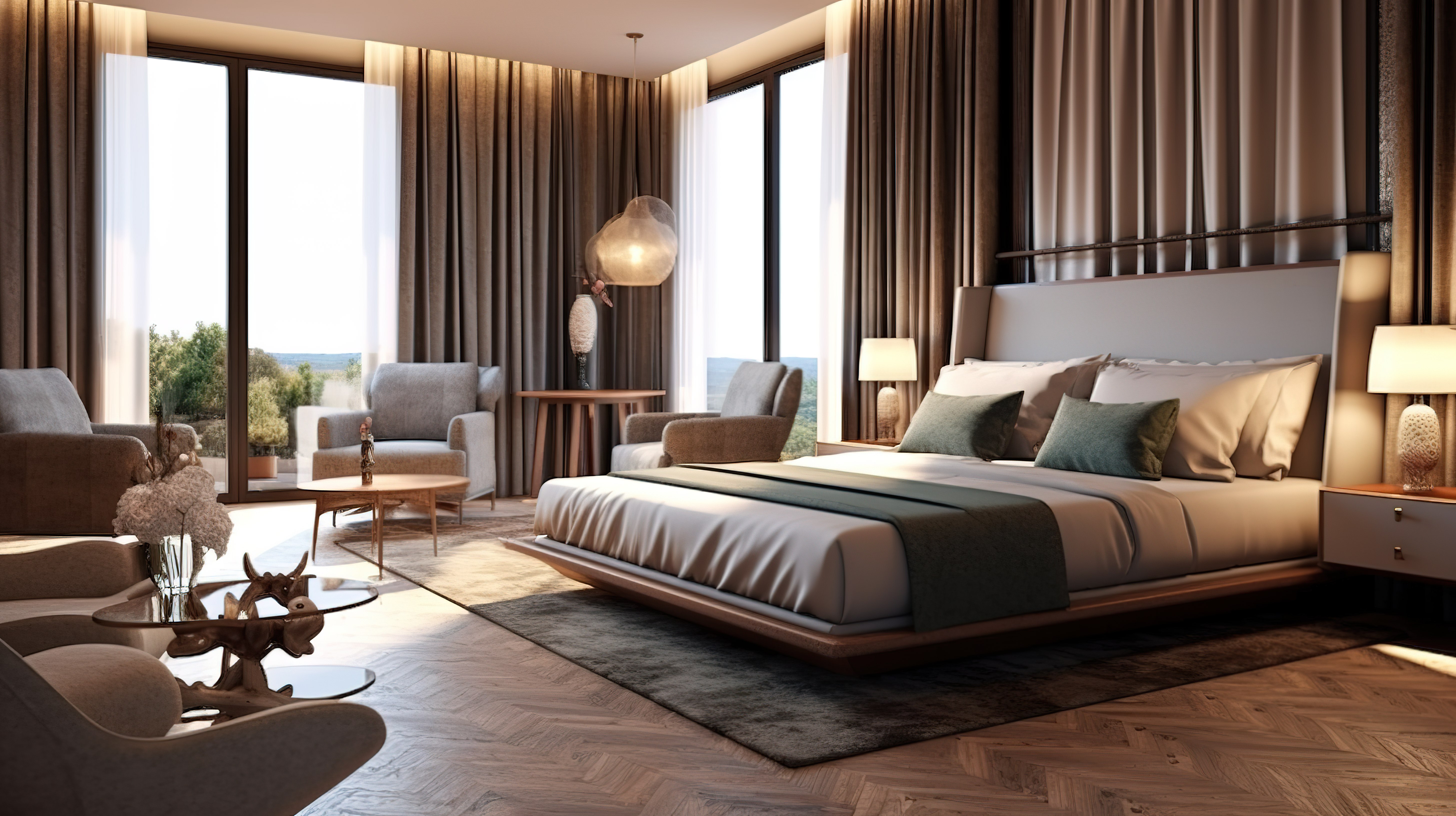 豪华新酒店客房套房的 3D 渲染，配有开放空间私人卧室和客厅休息室图片