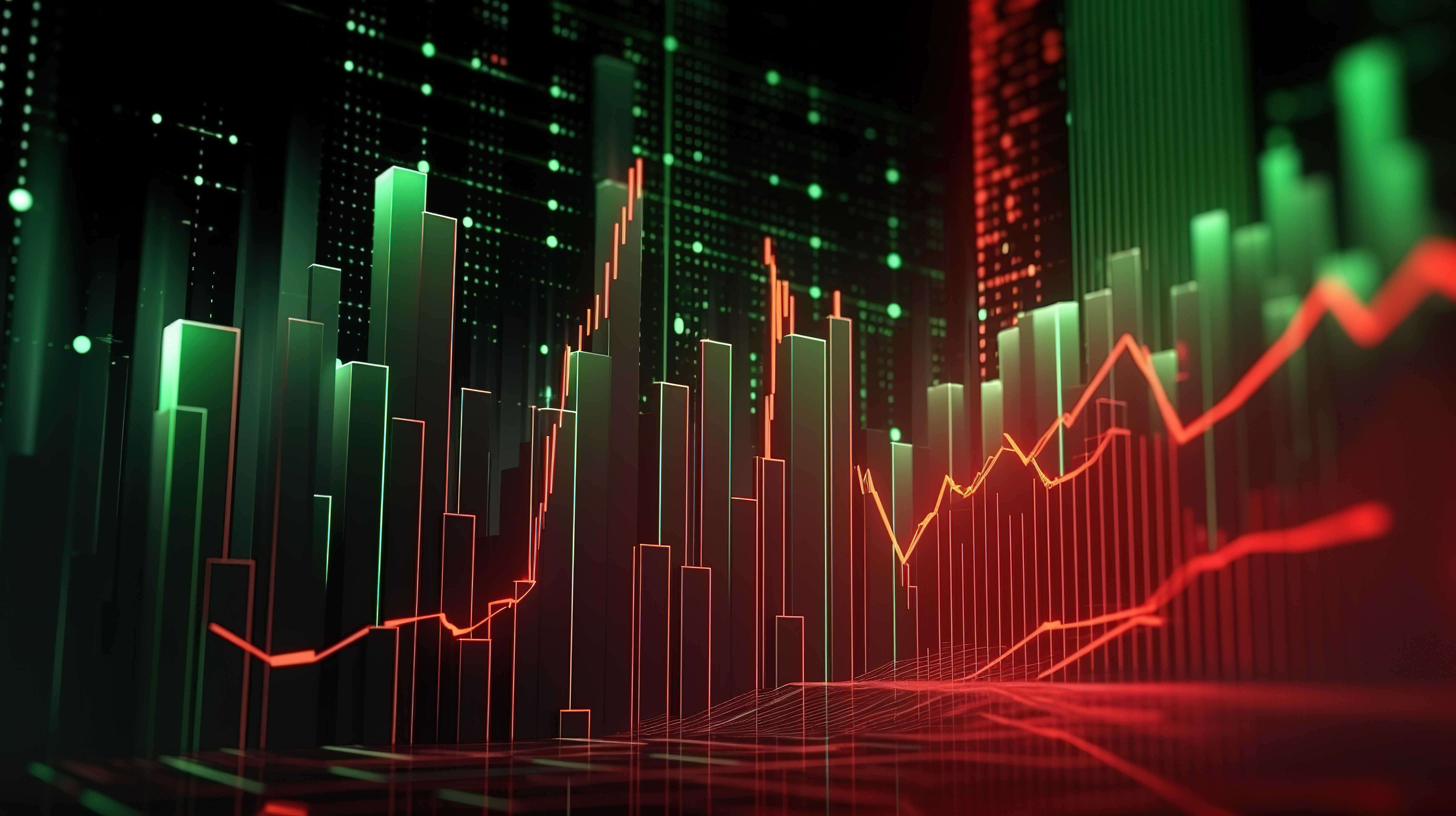 动态 3D 渲染移动红色和绿色图表以及股市板背景下的金融图表和专栏图片
