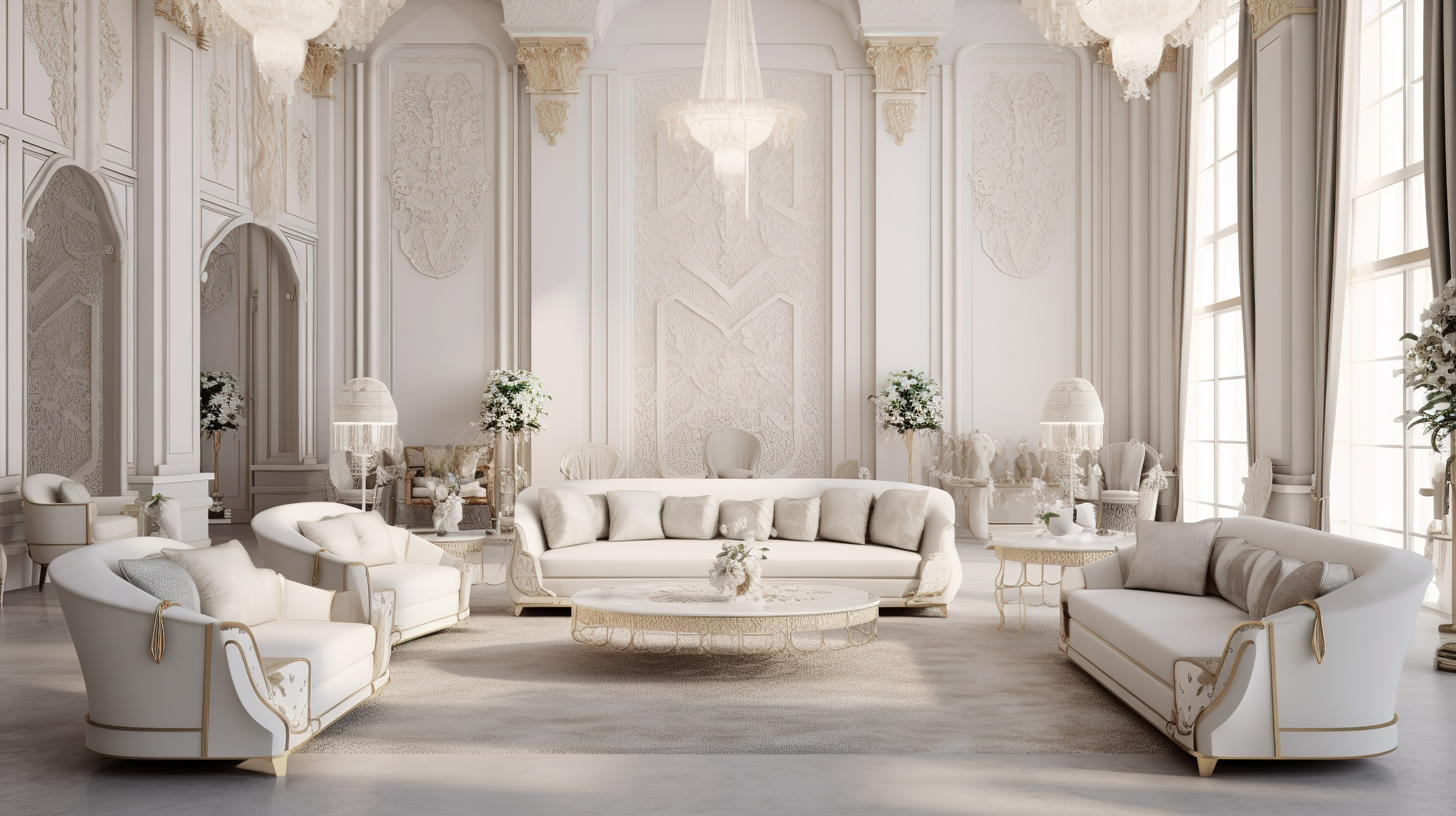精致的装饰艺术客厅配有 3D 渲染的豪华白色和米色家具图片