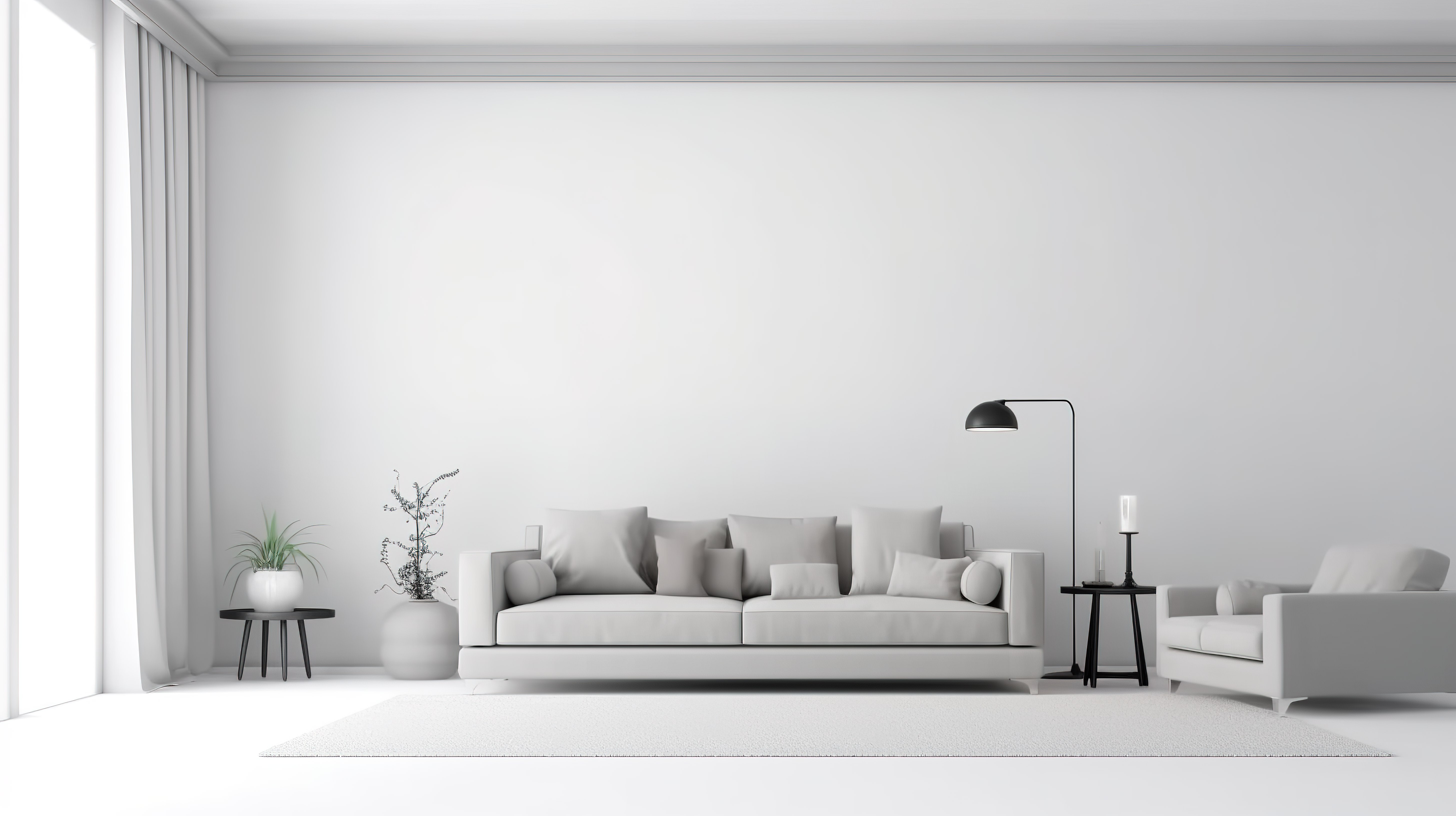 在 3D 渲染中使用空白白墙背景可视化家居装饰客厅家具和室内设计图片