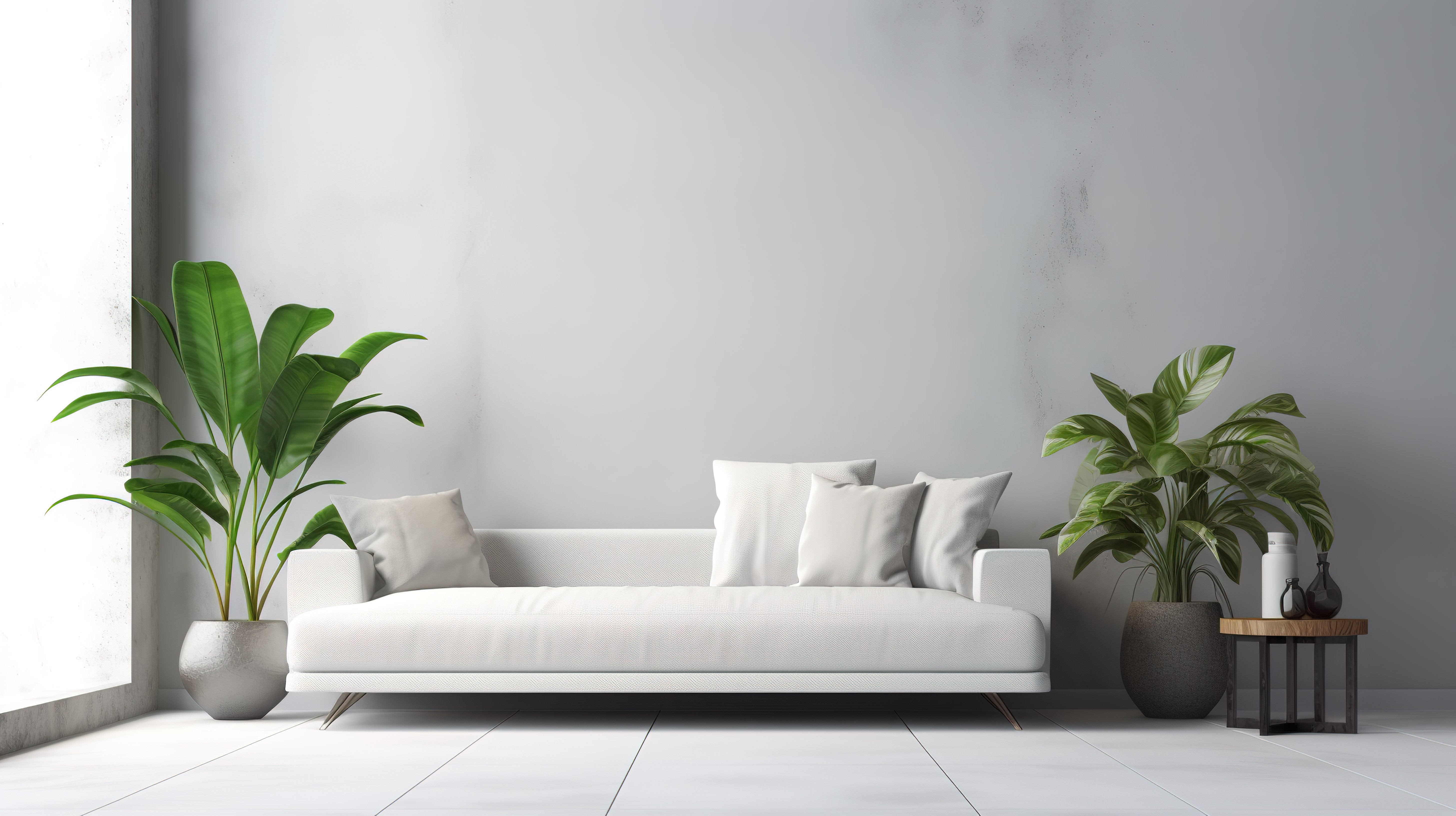 现代客厅艺术白色沙发和植物装饰的 3D 渲染，空白墙背景图片