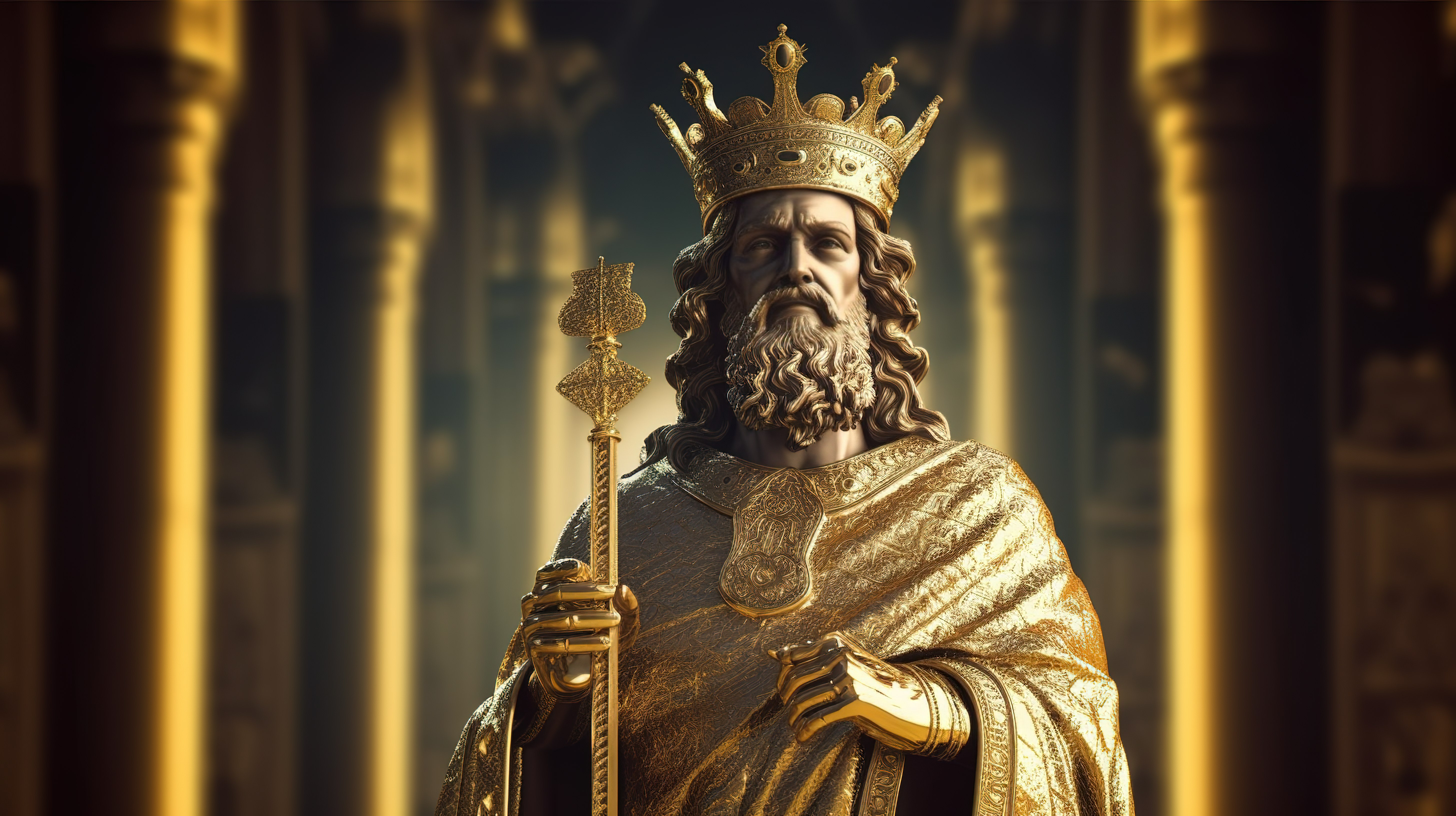3D 渲染中装饰着金色王冠的富豪国王大卫图片