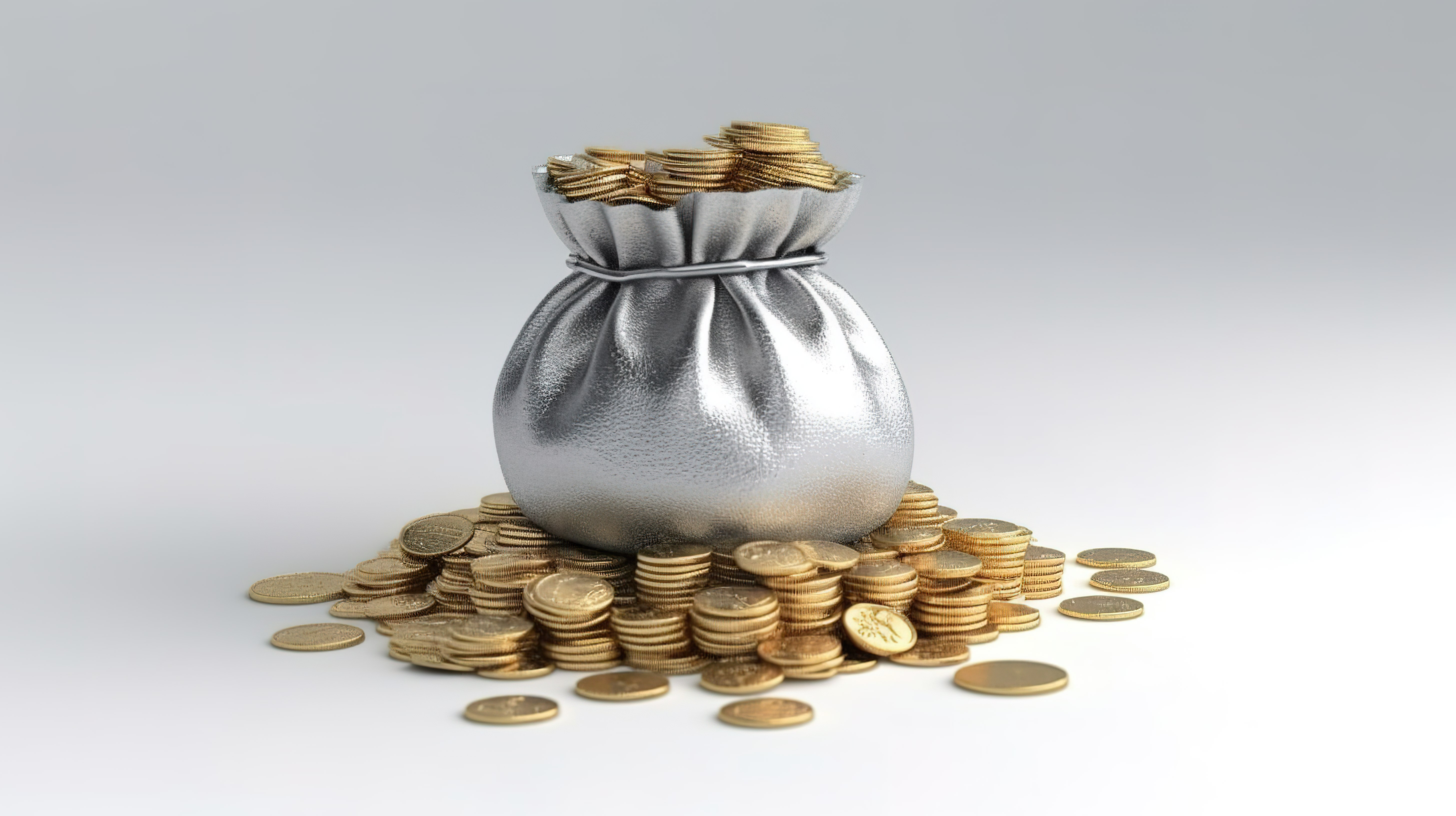 3D 渲染简约的金银钱袋，上面有一堆硬币，完美的省钱概念图片