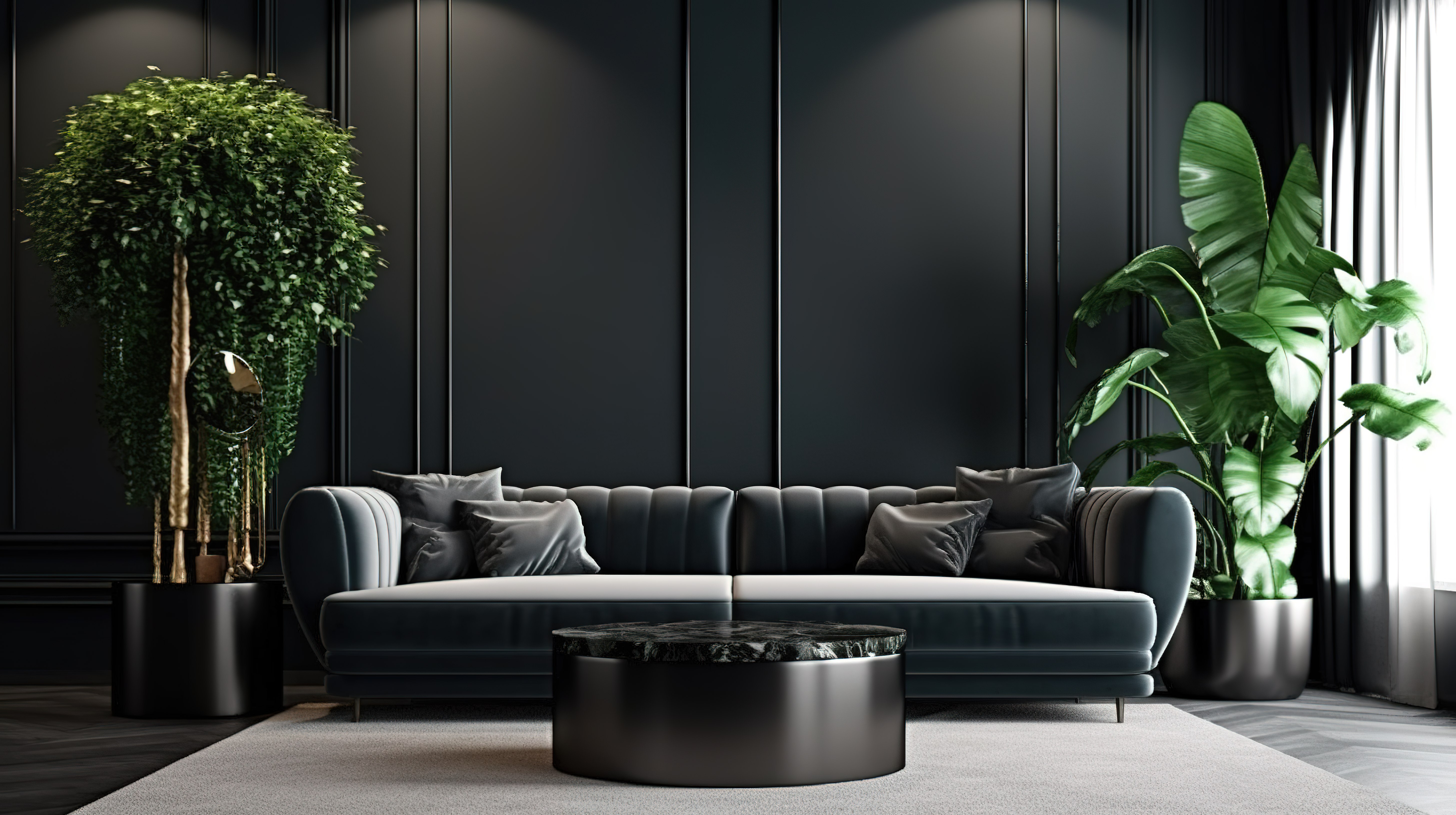 优雅精致的背景，适合豪华的深色客厅现代模型，配有黑色沙发和植物迷人的 3D 渲染图片