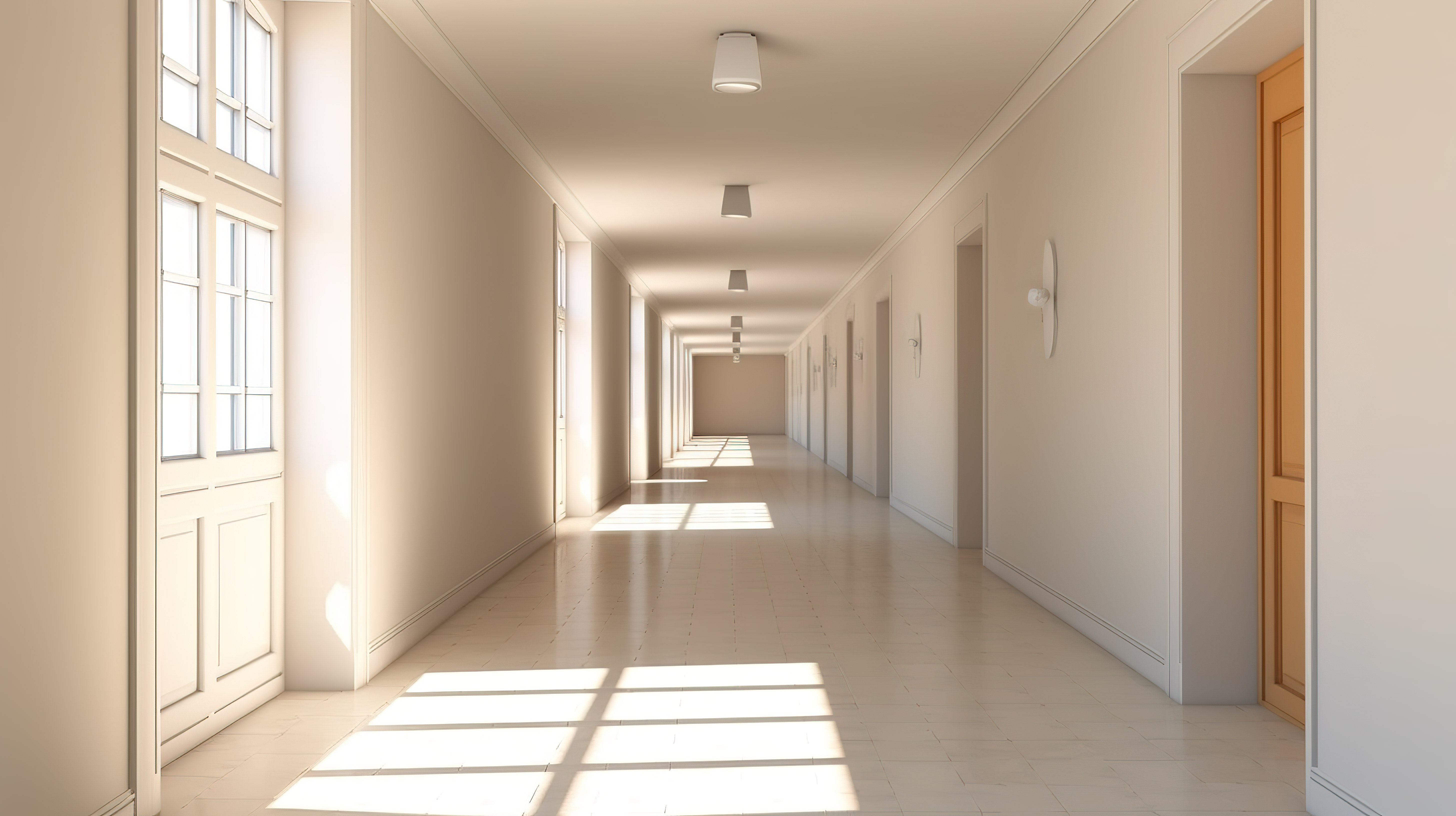 明亮的内部学校走廊的 3D 渲染，具有充足的复制空间图片