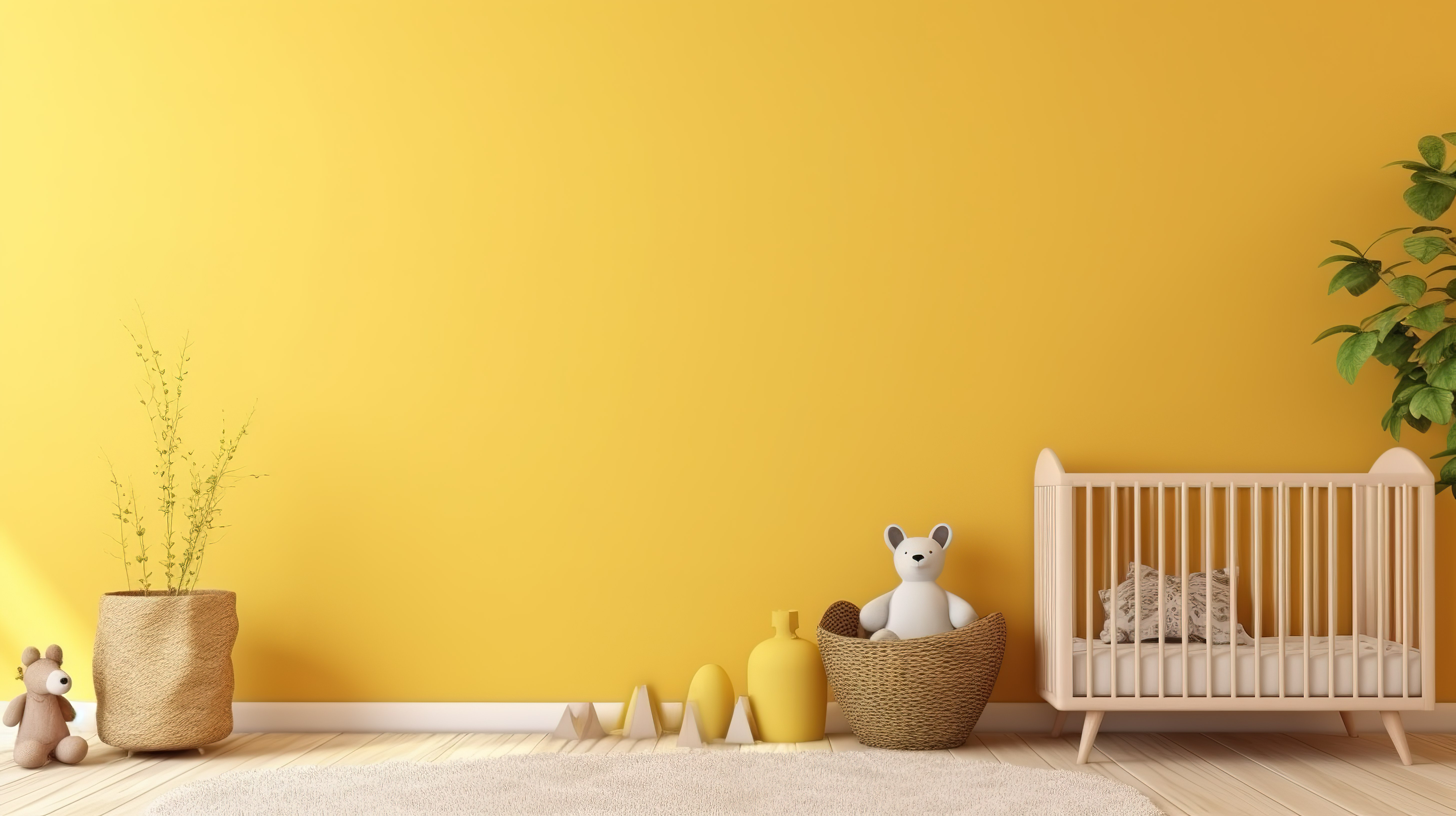 婴儿房间的 3D 渲染内部展示了婴儿床，旁边是简约的黄色墙壁图片